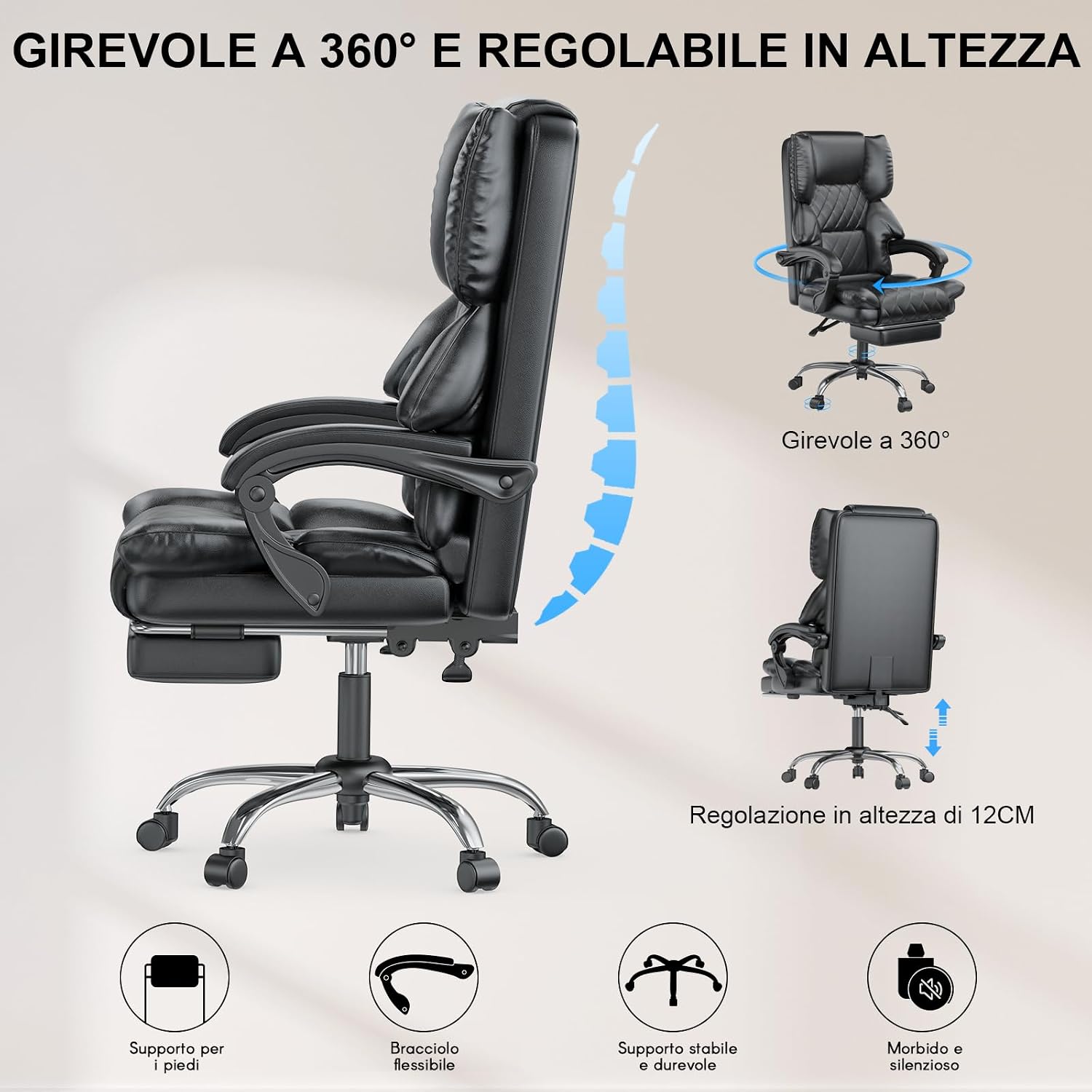 Detalle 2 de naspaluro Sedia da ufficio ergonomica reclinabile con poggiapiedi e schienale alto in PU nera