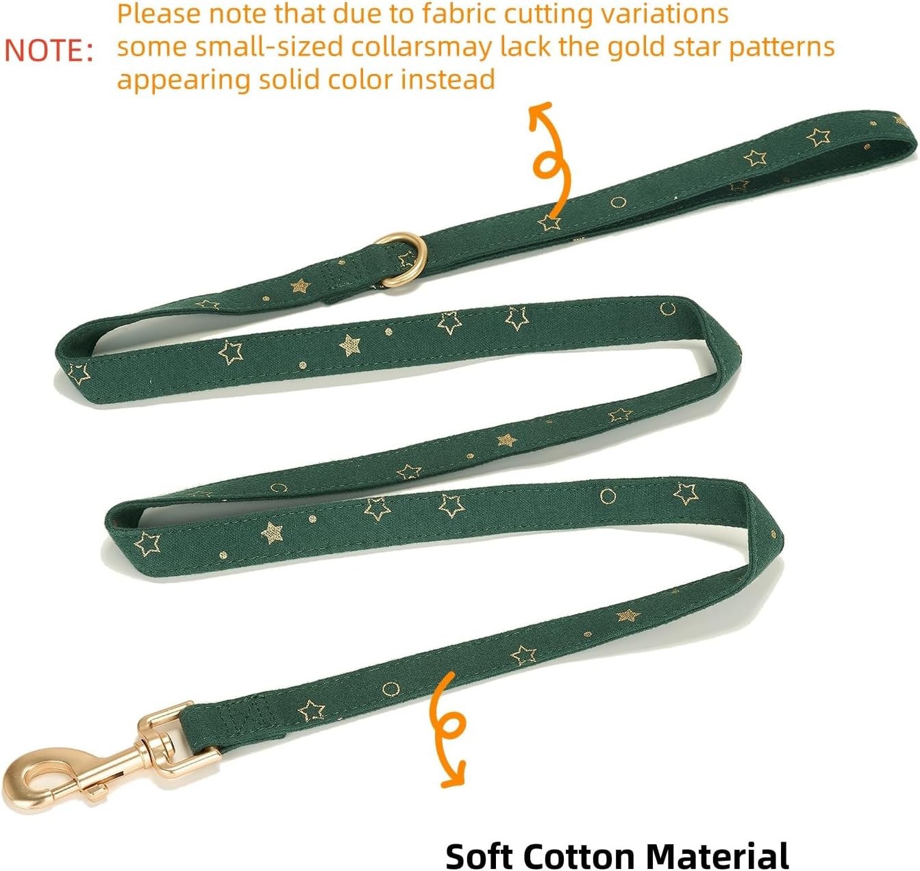 Detalle de Petiry Cotton Dog Lead with Gold Star Print (150cm) – D-Ring for Poop Bag Holder