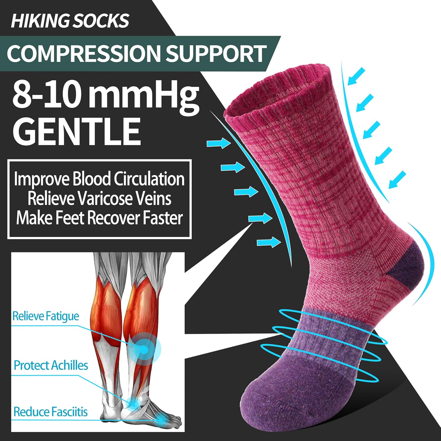 Detalle 2 de Anlisim Merino Wool Hiking & Running Socks for Women, 5 Pairs with Arch Support