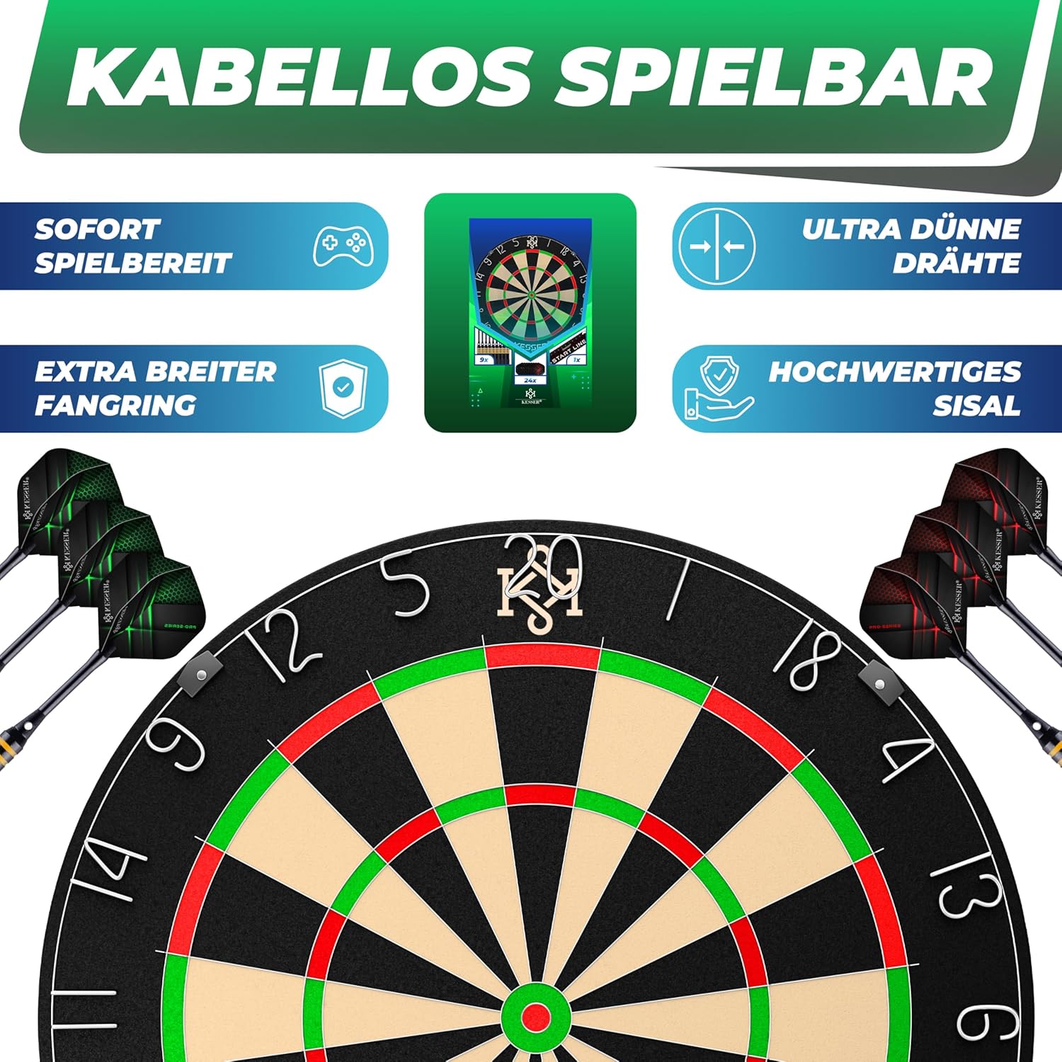 Detalle 1 de KESSER Dartscheibe Sisal mit 9 Dartpfeilen Professional, 24 Pro Flights & Montageset (Steeldart)