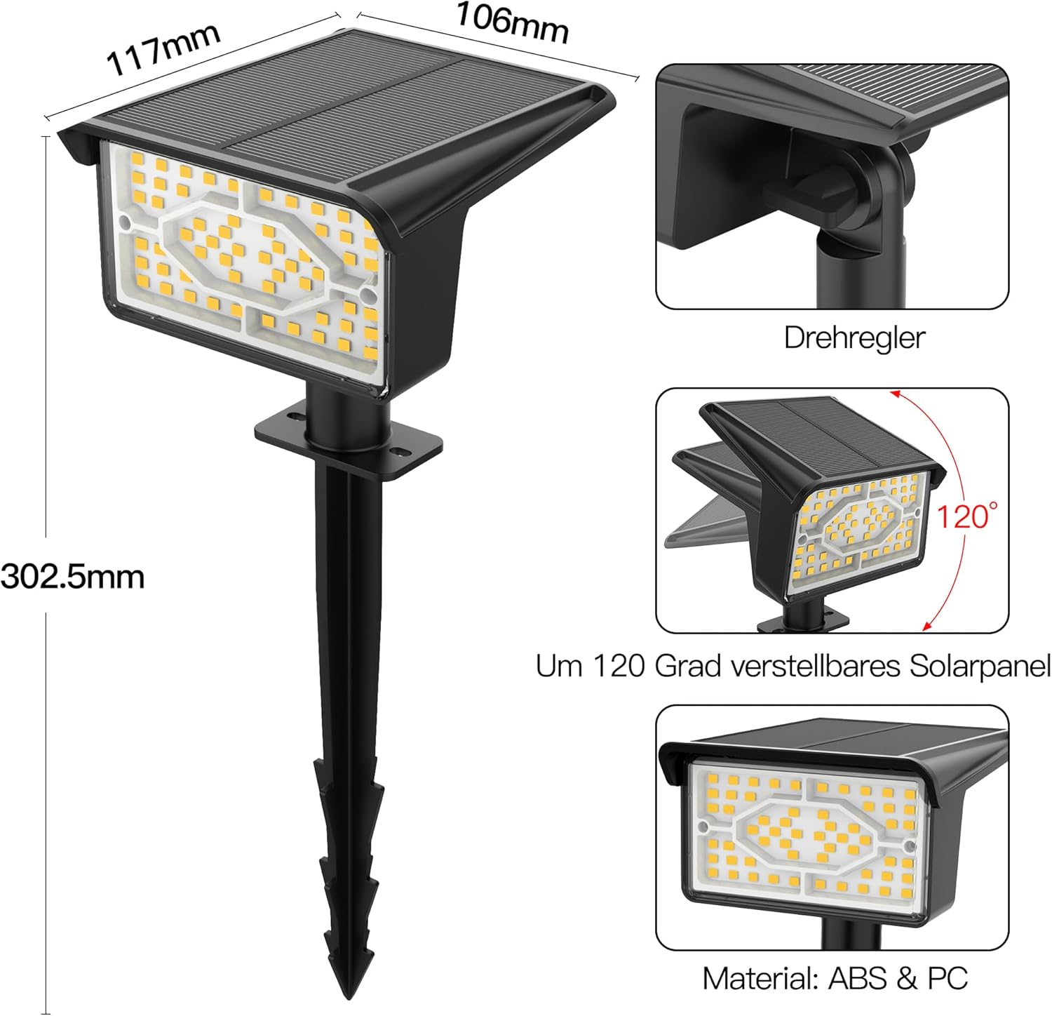 Thumbnail 4 de Ollny 4er-Set 60-LED Solarstrahler für außen (3000K, IP65, 3 Modi) – Dusk to Dawn