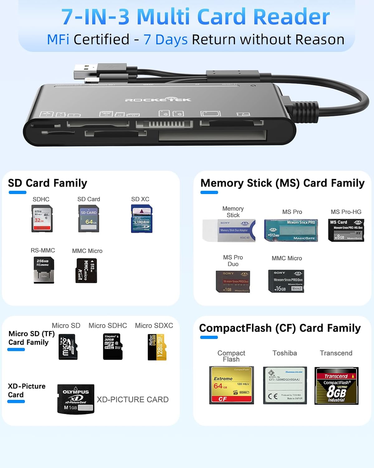 Thumbnail 1 de 7 in 3 USB 3.0 multi card reader adapter