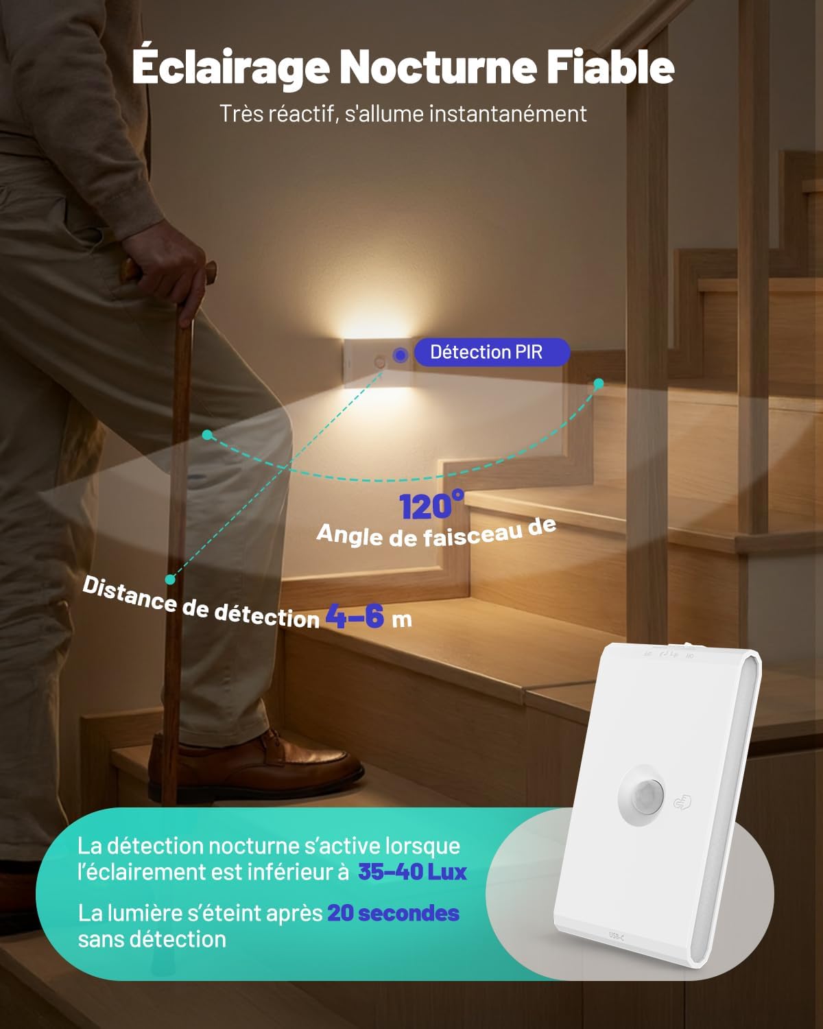 Detalle de Dinoho DL0901111 oplaadbare led-nachtlampjes met bewegingssensor, 2 stuks