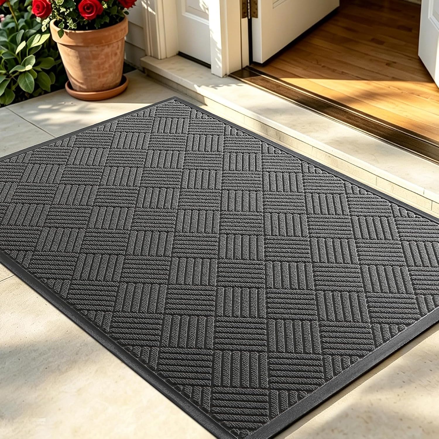 Detalle de WELDUN Front Door Mat, 47.5 x 35.5-Inch Gray Low-Profile Non-Slip Doormat