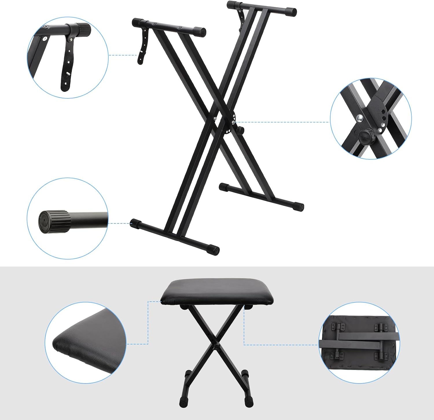 Detalle 2 de Doppelstrebig X-Keyboardständer von Dgddhjt – 7‑fach höhenverstellbar, gepolsterte Keyboardbank, klappbar, Schwarz
