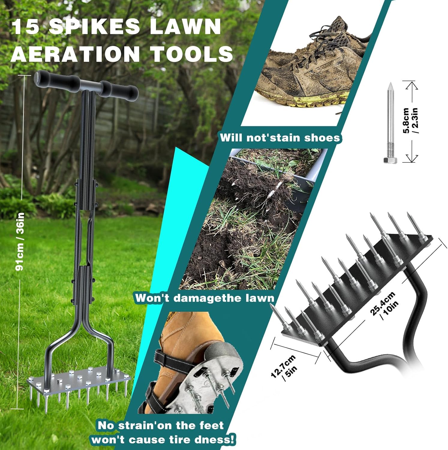 Thumbnail 3 de vanpein Lawn Aerator Spike Aerator Manual Tool – 36in with 15 x 6cm Solid Steel Spikes
