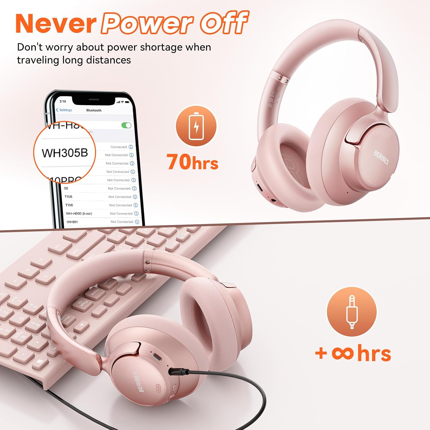Detalle 2 de BERIBES Wireless Over-Ear Headphones, 70-Hour Playtime