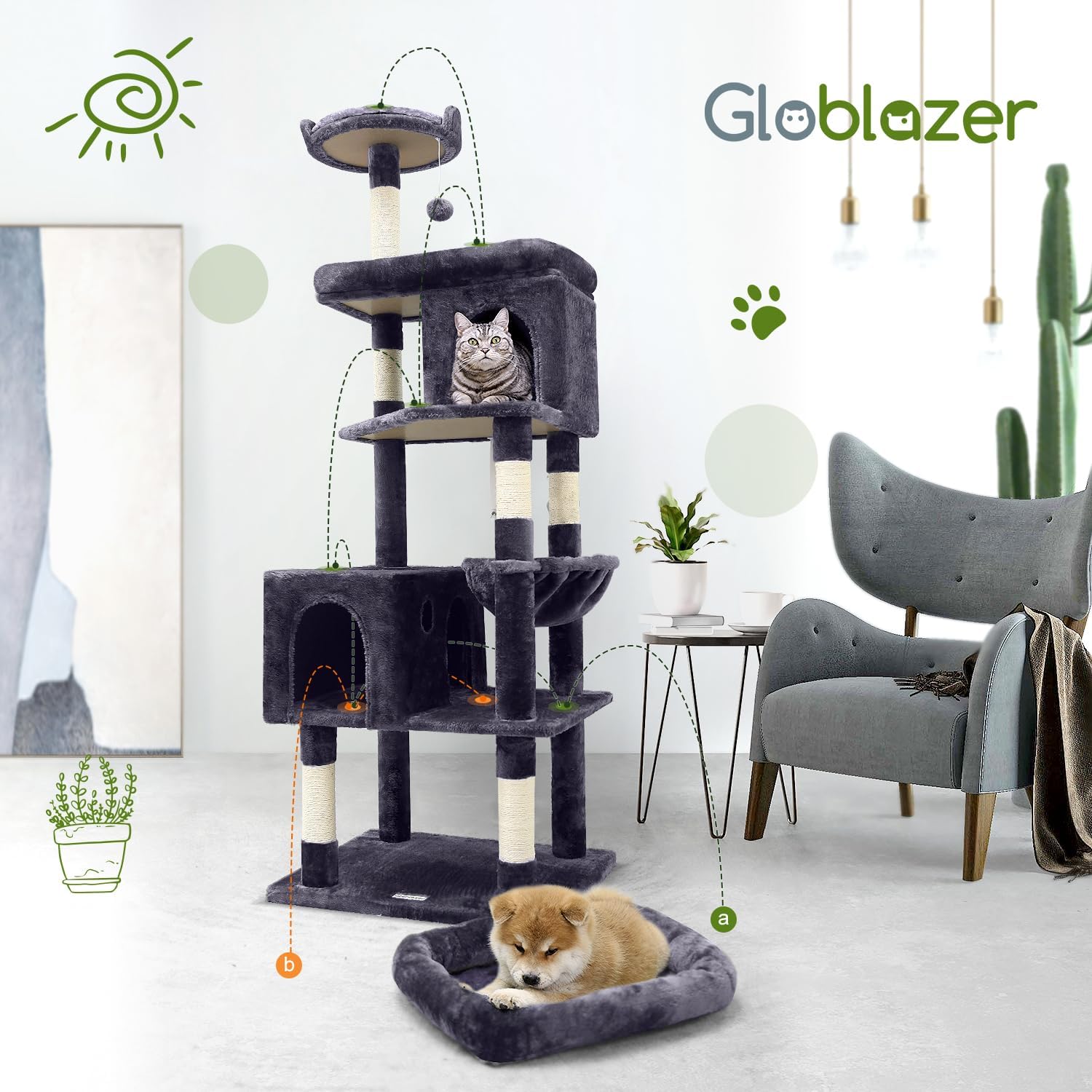 Detalle 2 de Globlazer Arbre à Chat XXL — 183 cm pour Gros Chats (Maine Coon, British Shorthair, Ragdoll) avec Casette, Panier et Grandes Plates-formes