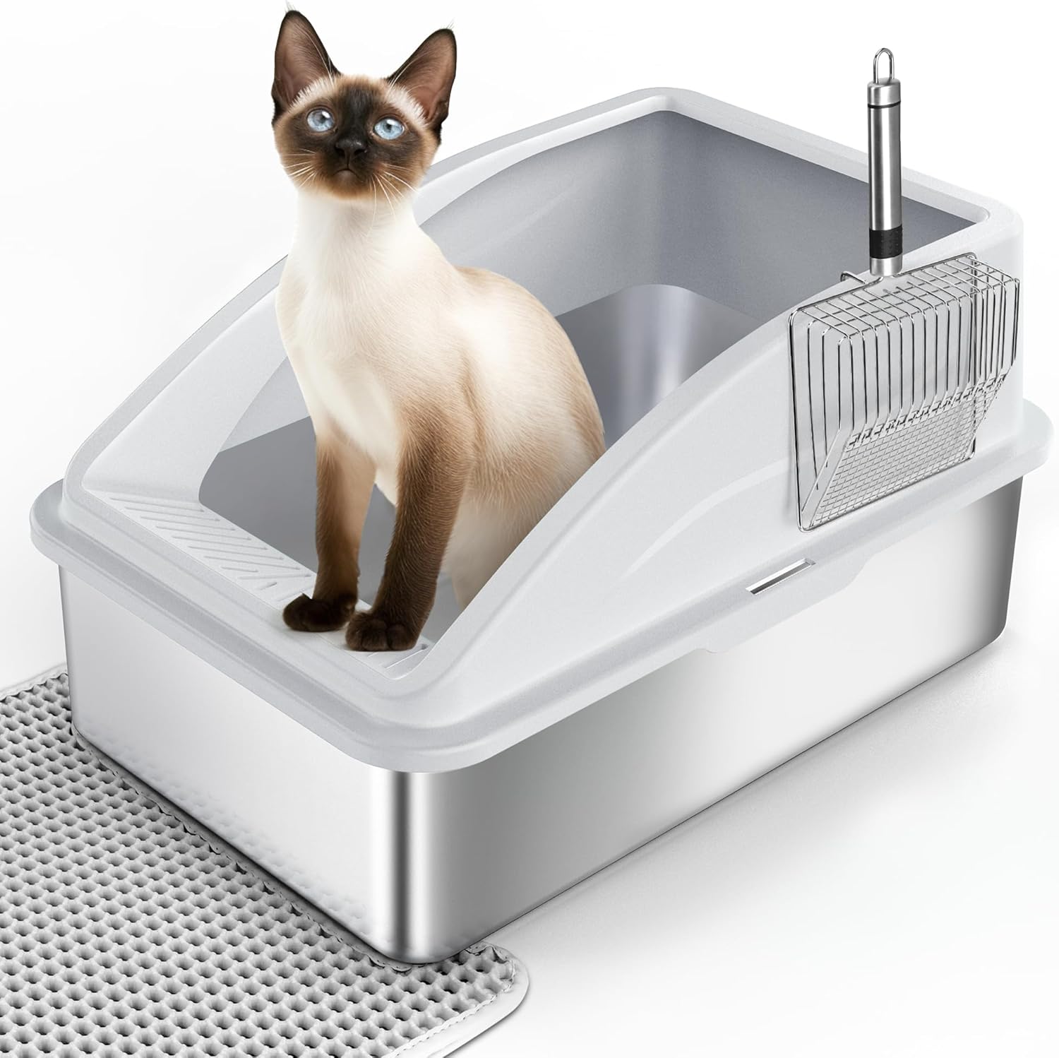 Detalle de FURTIME Bac à Litière XXL en acier inoxydable avec pelle et couvercle – 30 L, 58 × 37 × 28,5 cm