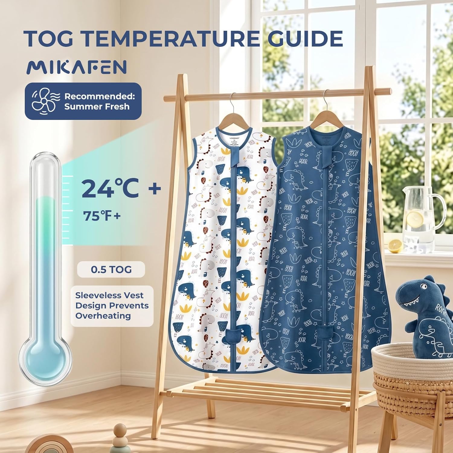 Thumbnail 1 de MIKAFEN 2pc Baby Sleeping Bag 0.5 Tog | Spring & Summer Cotton Sleep Sack, Sleeveless Dinosaur Design (24-36m)