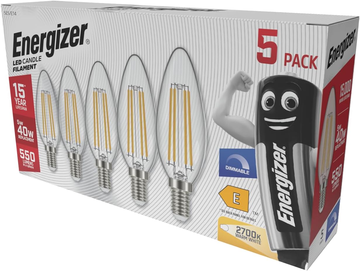 Thumbnail 1 de Energizer Dimmable Filament LED Candle Bulbs, E14 – 550 Lumens, Warm White, Pack of 5