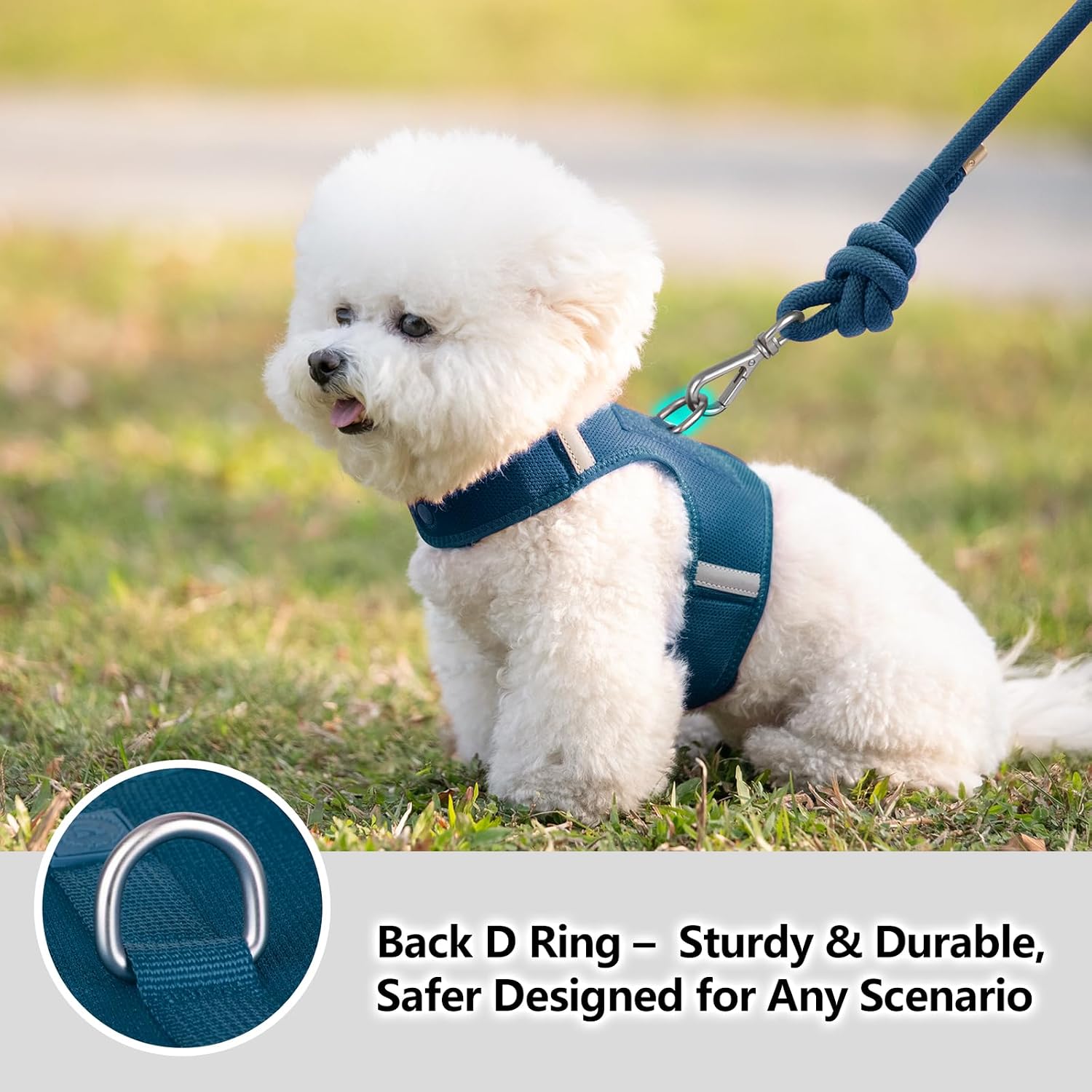 Detalle de Sunraymascota Small Dog Harness with Reflective Panels and Adjustable Fit (Prussian Blue, S)