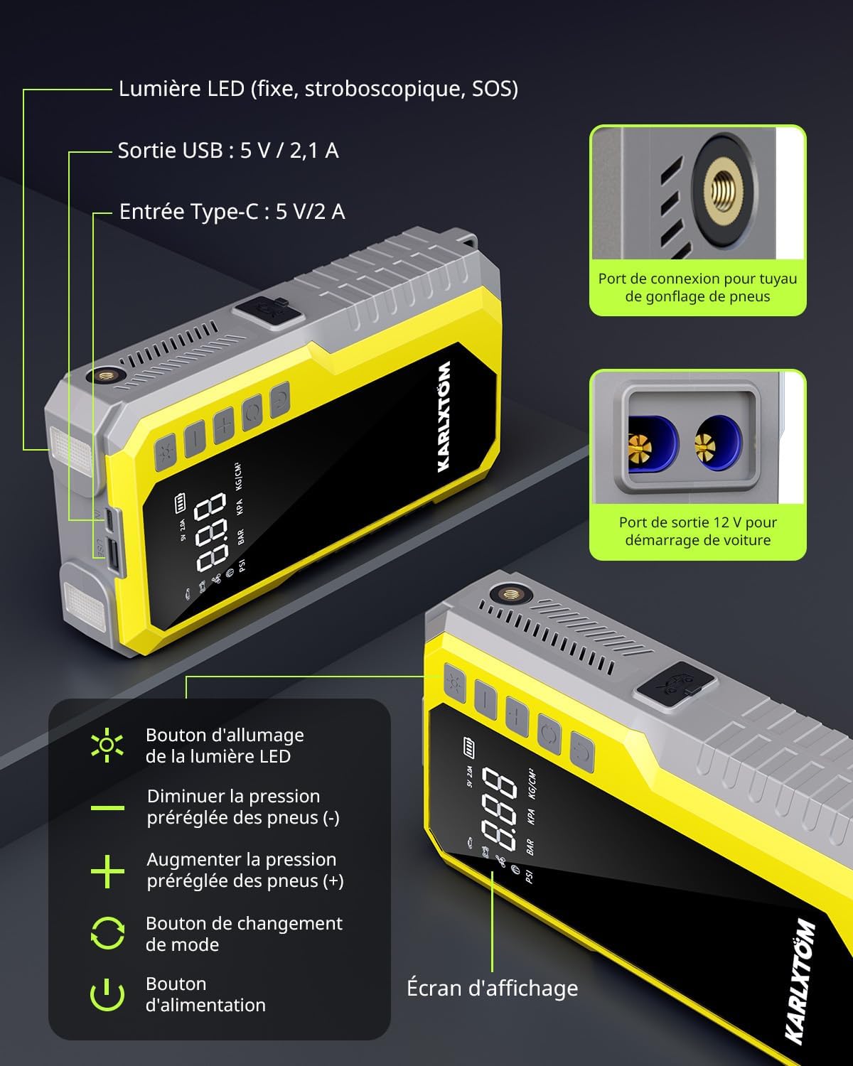 Thumbnail 6 de Karlxtom Booster Batterie Voiture 12V avec gonfleur 190 PSI, écran LCD et lampe LED 500 lm