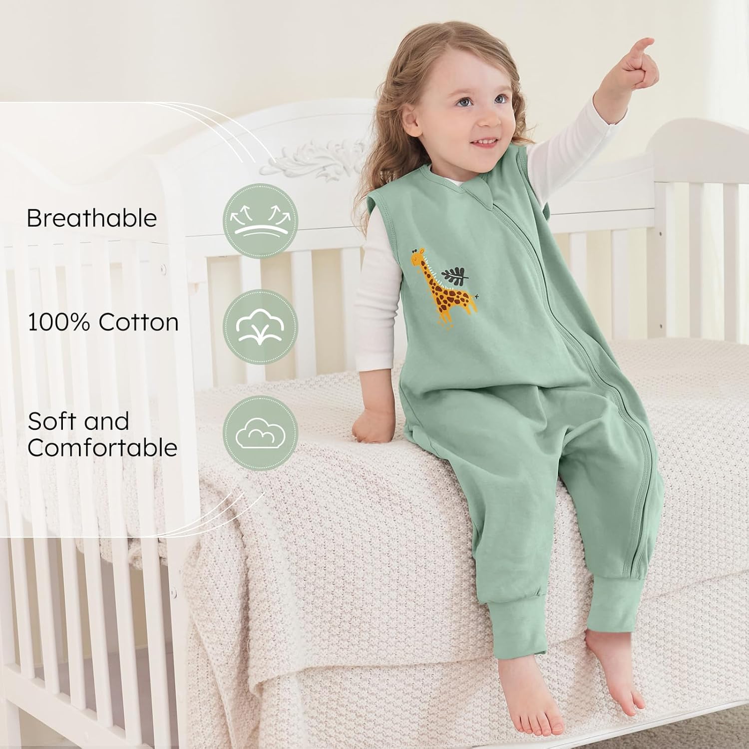 Detalle de Yoofoss 2er Pack Baby Schlafsack mit Füßen 0.5 Tog – 100% Baumwolle, 80 cm, Grün Giraffe