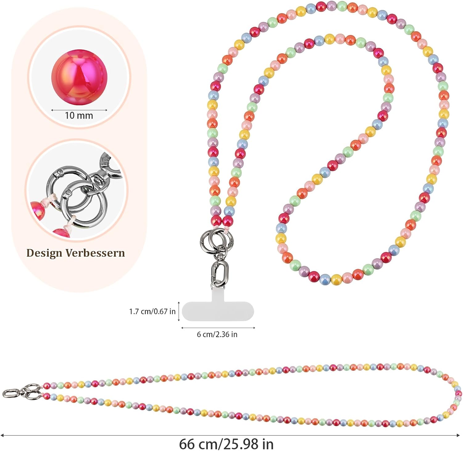 Detalle 2 de Qyoocom chaîne de téléphone portable avec perles colorées et cordon amovible (2 patchs) – cordon universel