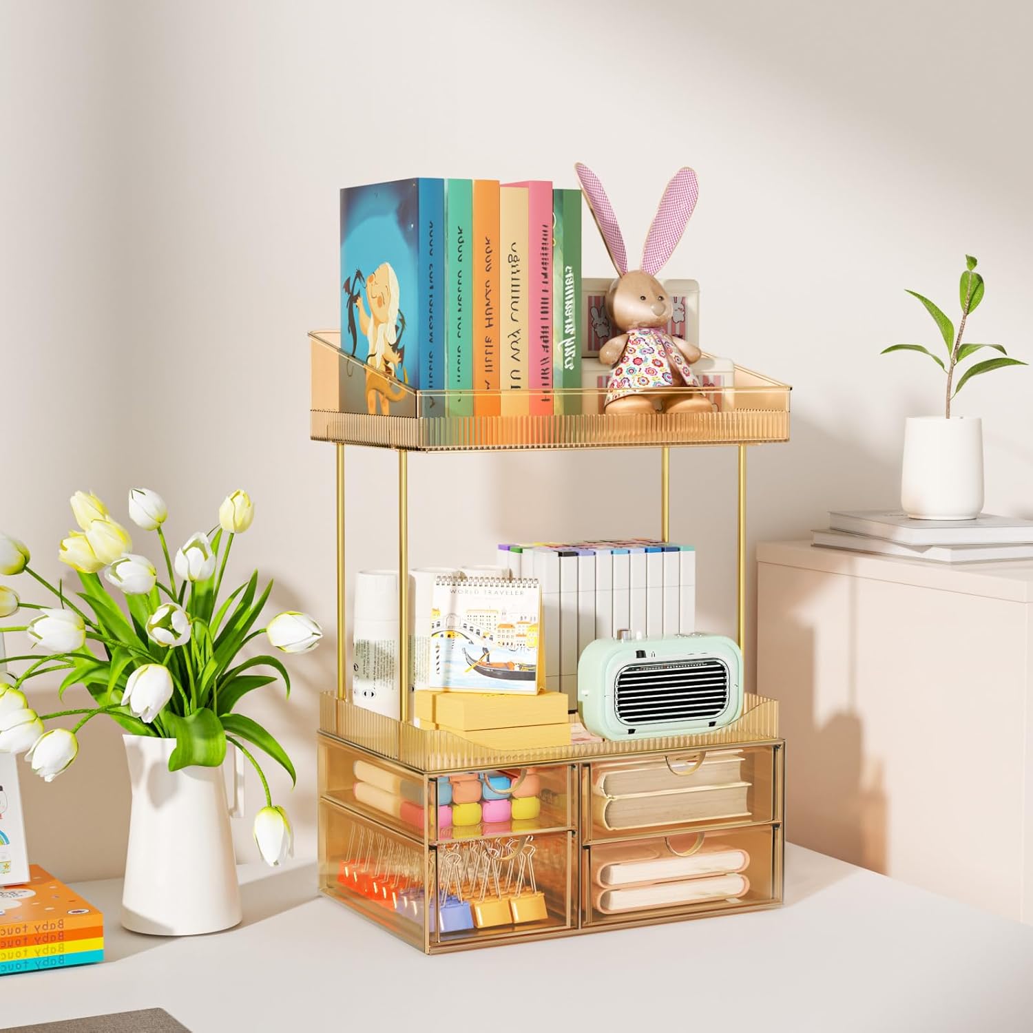 Detalle 2 de StowBin Makeup Organiser with 2 Shelves & 4 Drawers (Transparent Tawny)