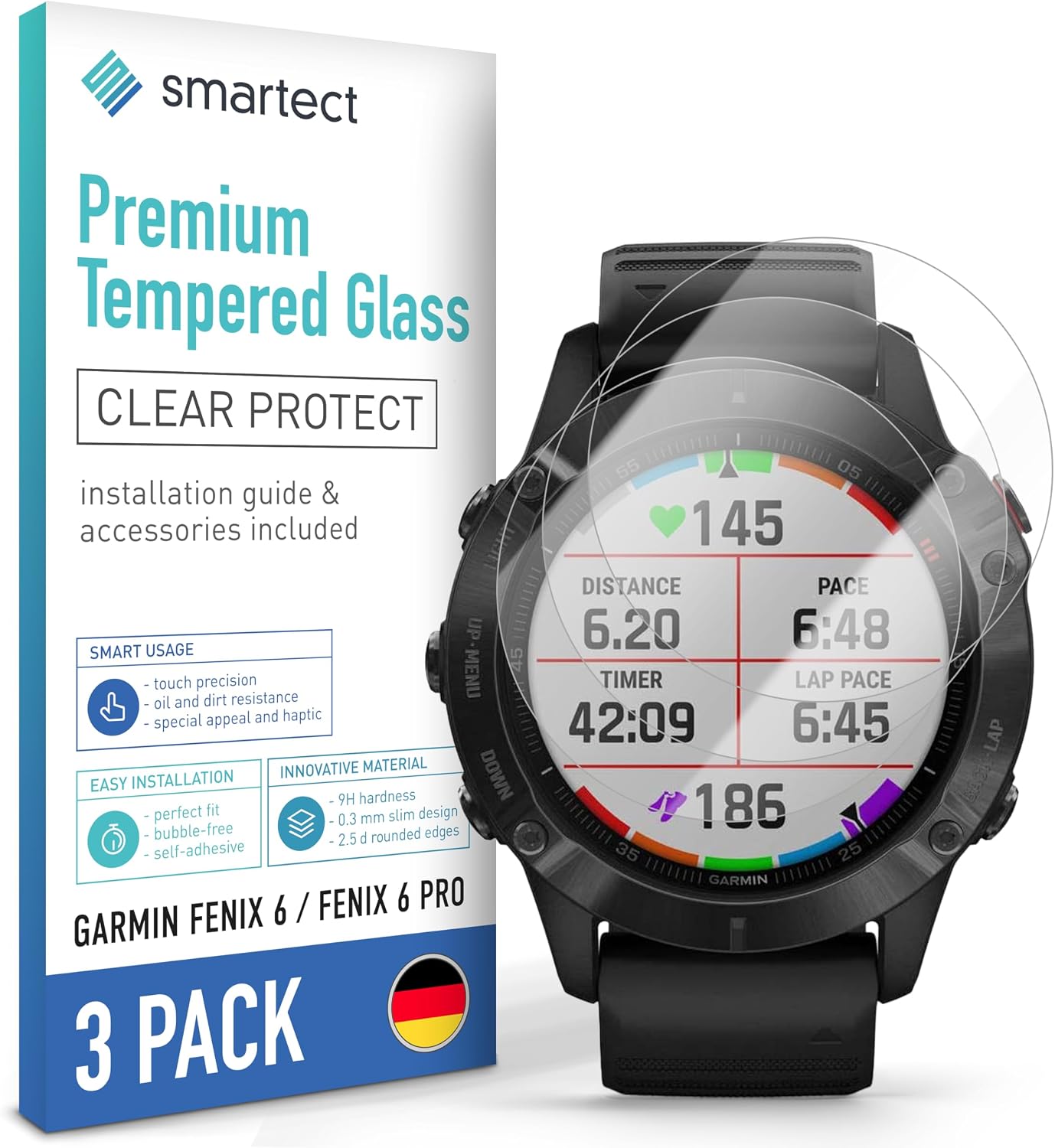 Detalle de smartect 3Pack_Garmin_Fenix_6 gehardglas voor Garmin Fenix 6/6 Pro, 9H