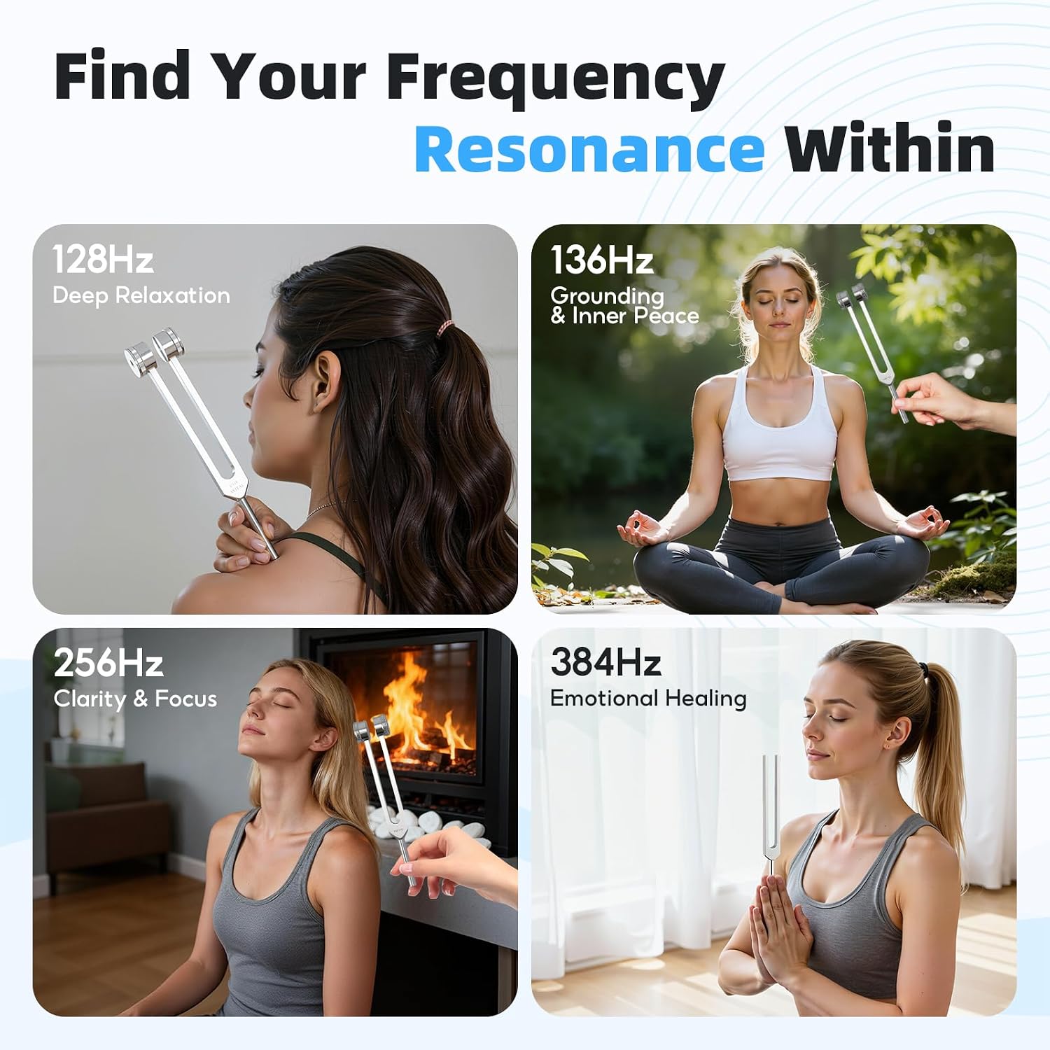 Detalle de Tuning Forks for Healing: 128Hz, 136Hz, 256Hz, 384Hz Set for Meditation, Yoga & Chakra Therapy