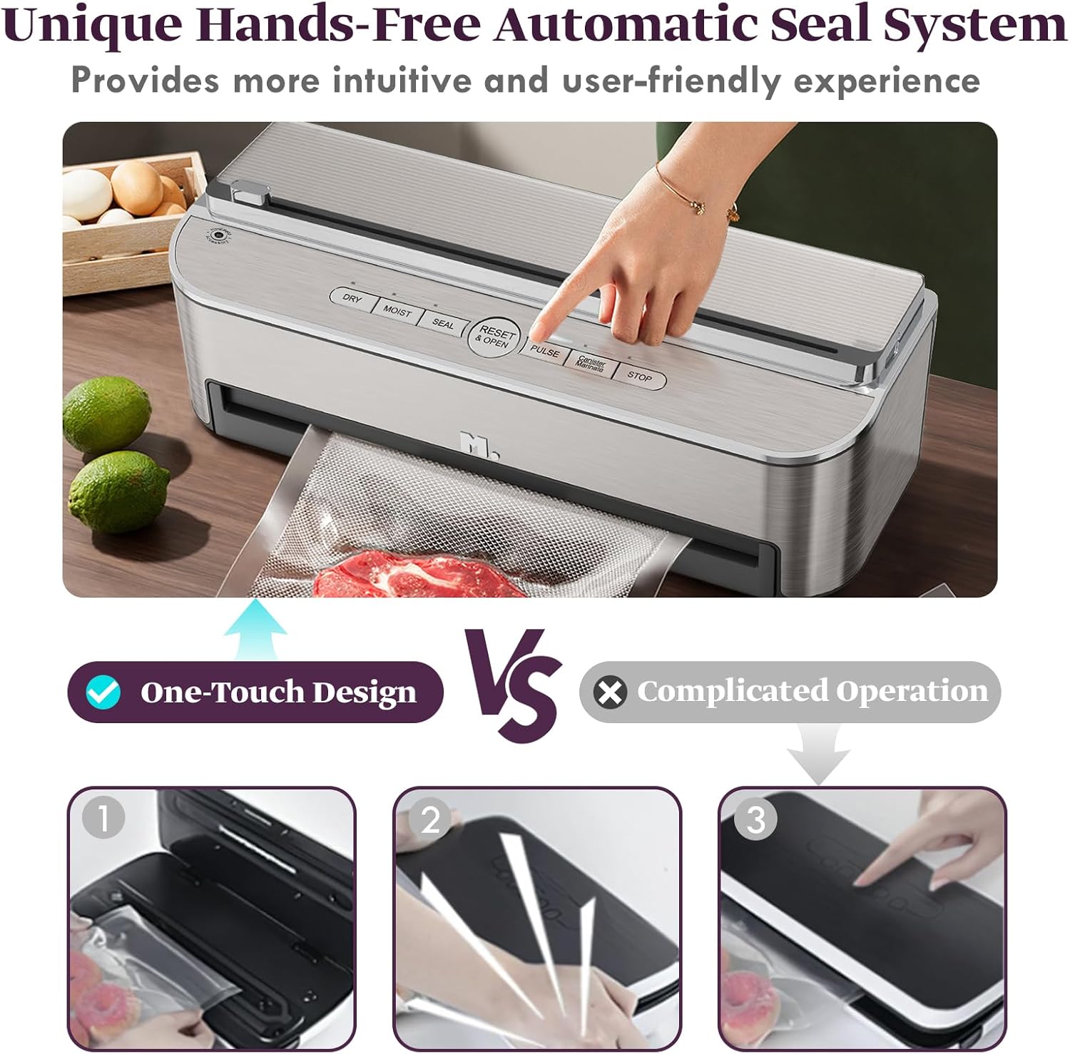 Thumbnail 1 de Mesliese automatic vacuum sealer machine (85kPa, 120W) with built-in cutter, bag storage and moist mode