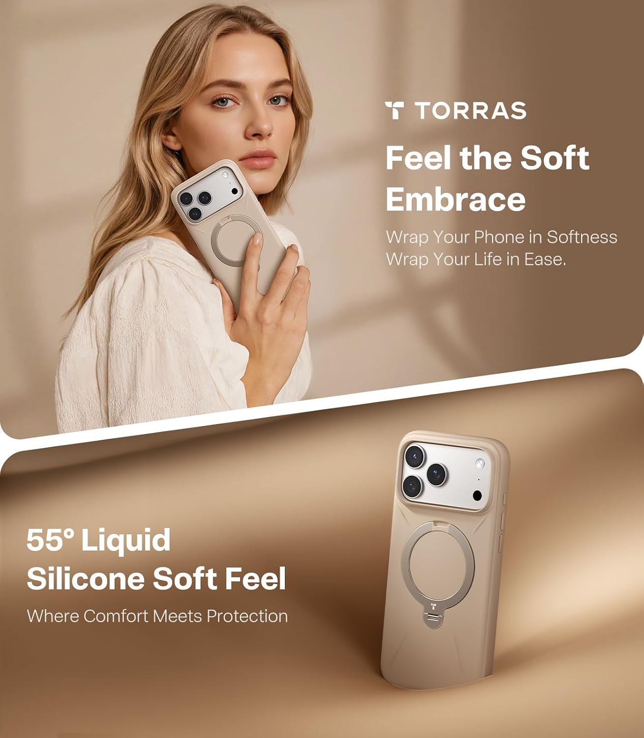 Detalle de TORRAS Q3 Silicone 360 Spin for iPhone 17 Pro Case with Stand — 55° Silicone, MagSafe Ready, Dune Beige