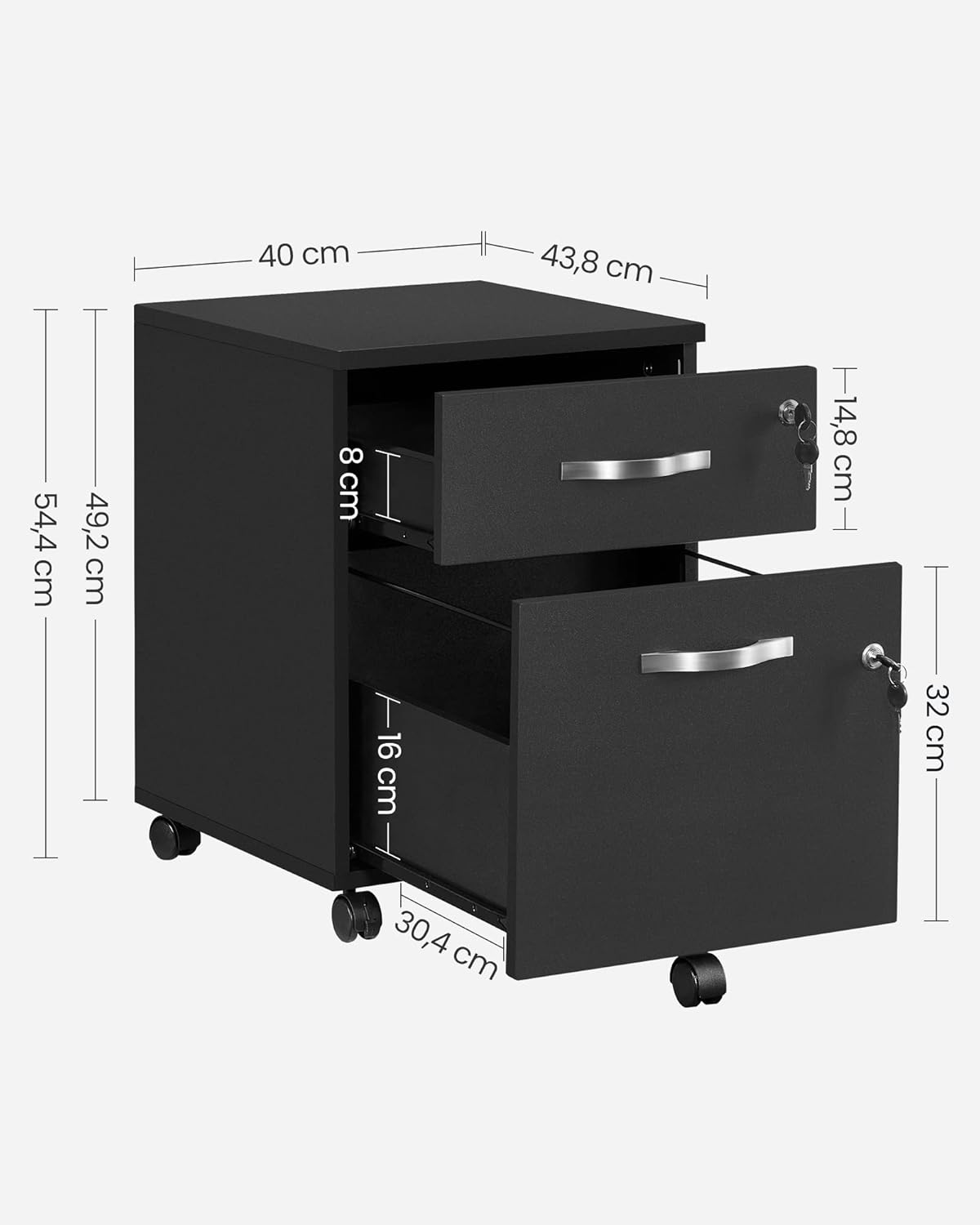 Thumbnail 2 de VASAGLE Rollcontainer abschließbar mit 2 Schubladen und 5 Rollen – verstellbare Hängestangen, A4/Letter, Tintenschwarz LCD22BV1