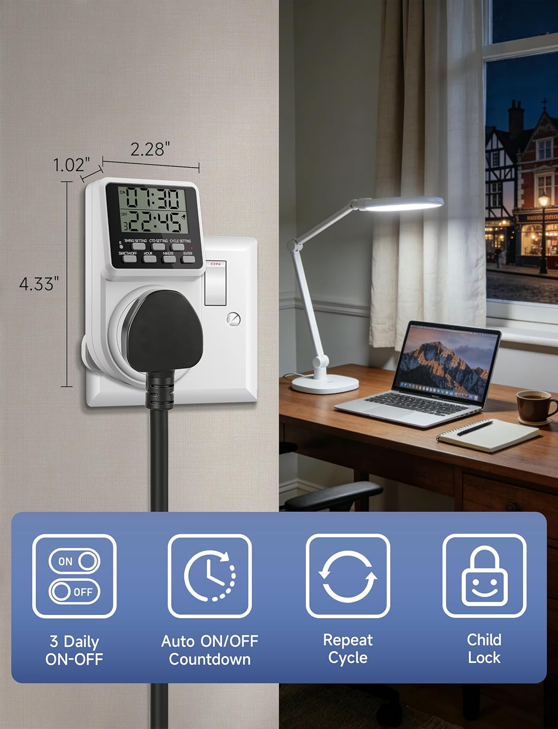 Thumbnail 6 de ORIDGET 24 Hour Digital Electric Timer Plug Socket (13A / 240V) with Countdown & Repeat Cycle