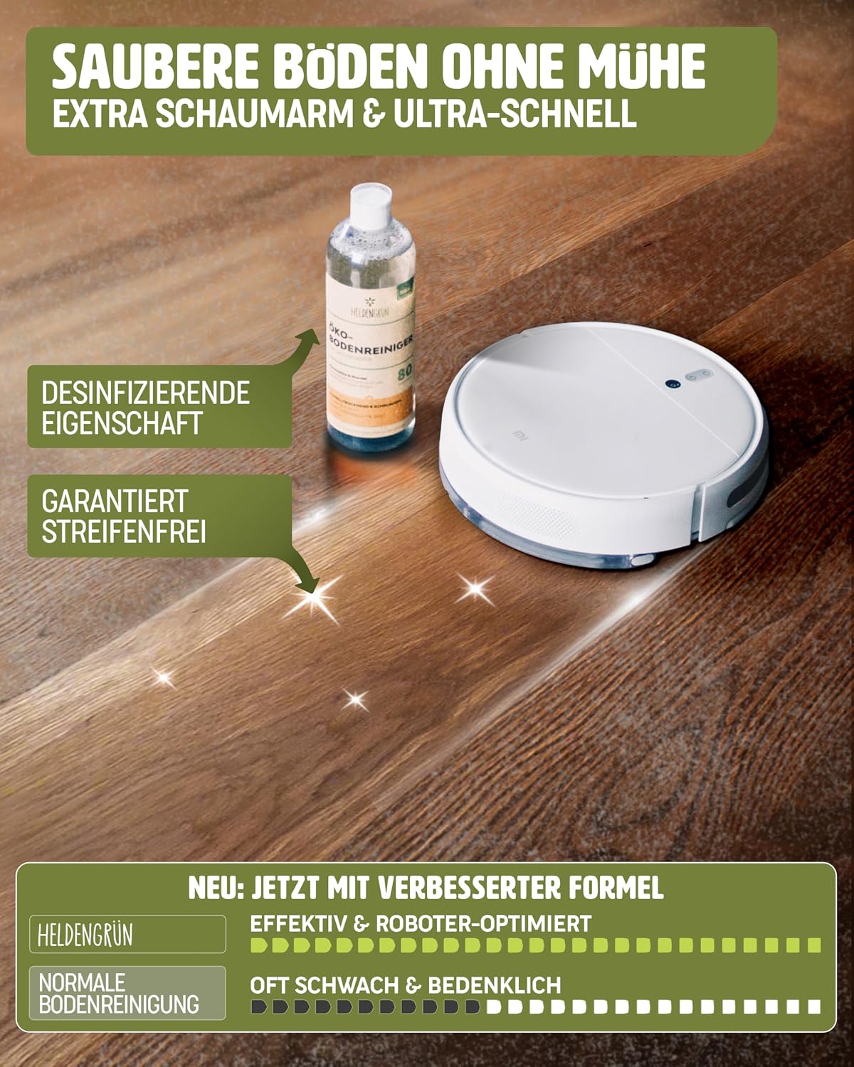 Detalle de Heldengrün® Öko Bodenreiniger für Wischroboter Pfirsichblüte & Mandel – streifenfrei, schnelltrocknend & schaumarm