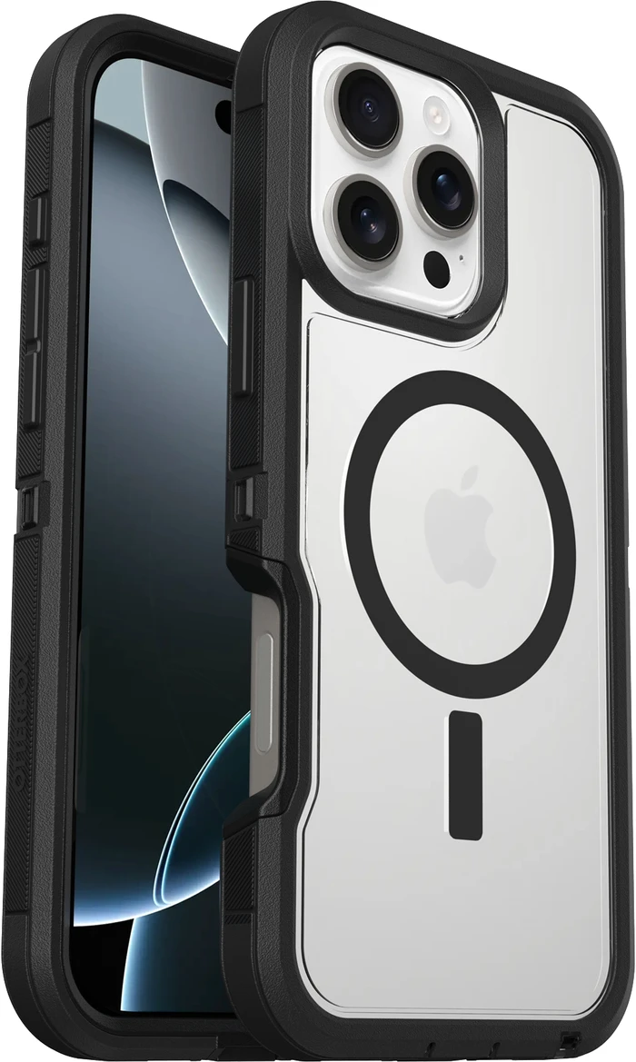 Detalle de OtterBox Defender XT Backcover für iPhone 16 Pro Max mit MagSafe – Transparent mit schwarzem Rand