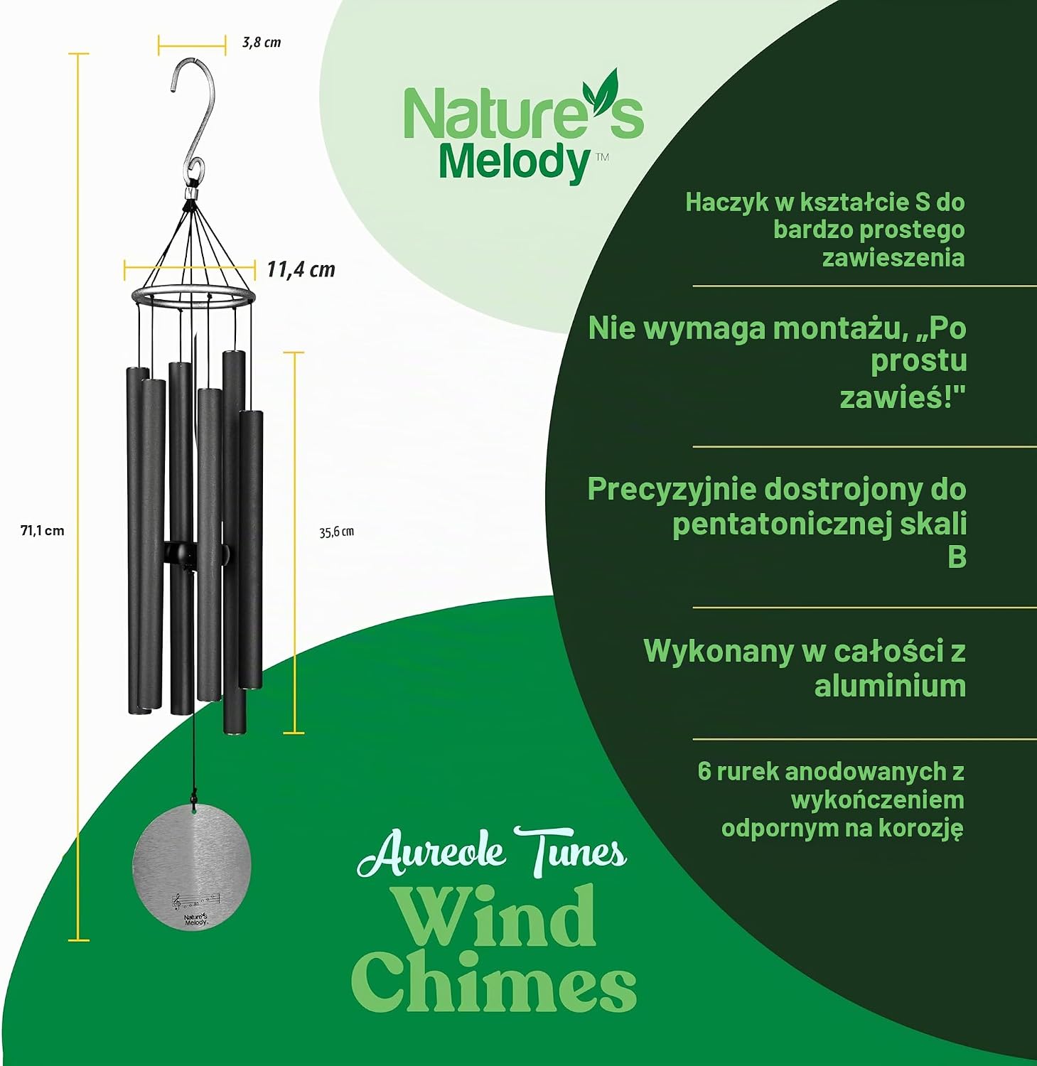 Detalle 2 de Nature's Melody Aureole Tunes – dzwonek wietrzny 80 cm, czarny, aluminiowy