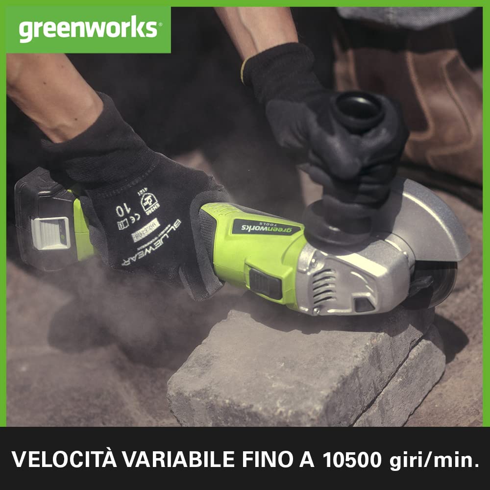 Thumbnail 3 de Greenworks GD24AGK4 smerigliatrice angolare a batteria 125 mm da taglio, 10.500 giri/min (destrorsa o mancino) con batteria 24V 4Ah e caricatore, garanzia 3 anni