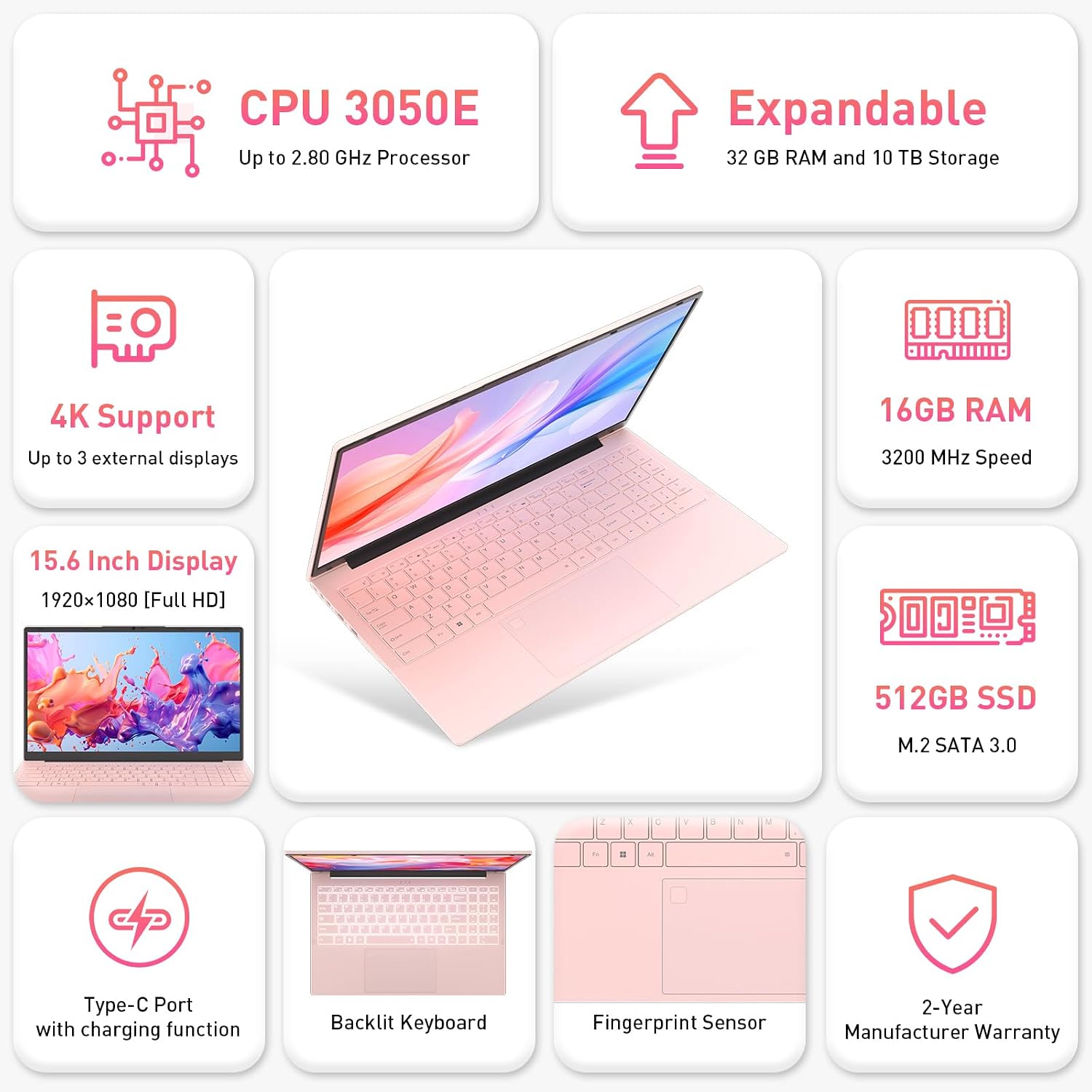 Thumbnail 1 de Auusda 15.6” Full HD Laptop: 16GB RAM, 512GB SSD, Backlit Keyboard, Fingerprint Unlock, Pink