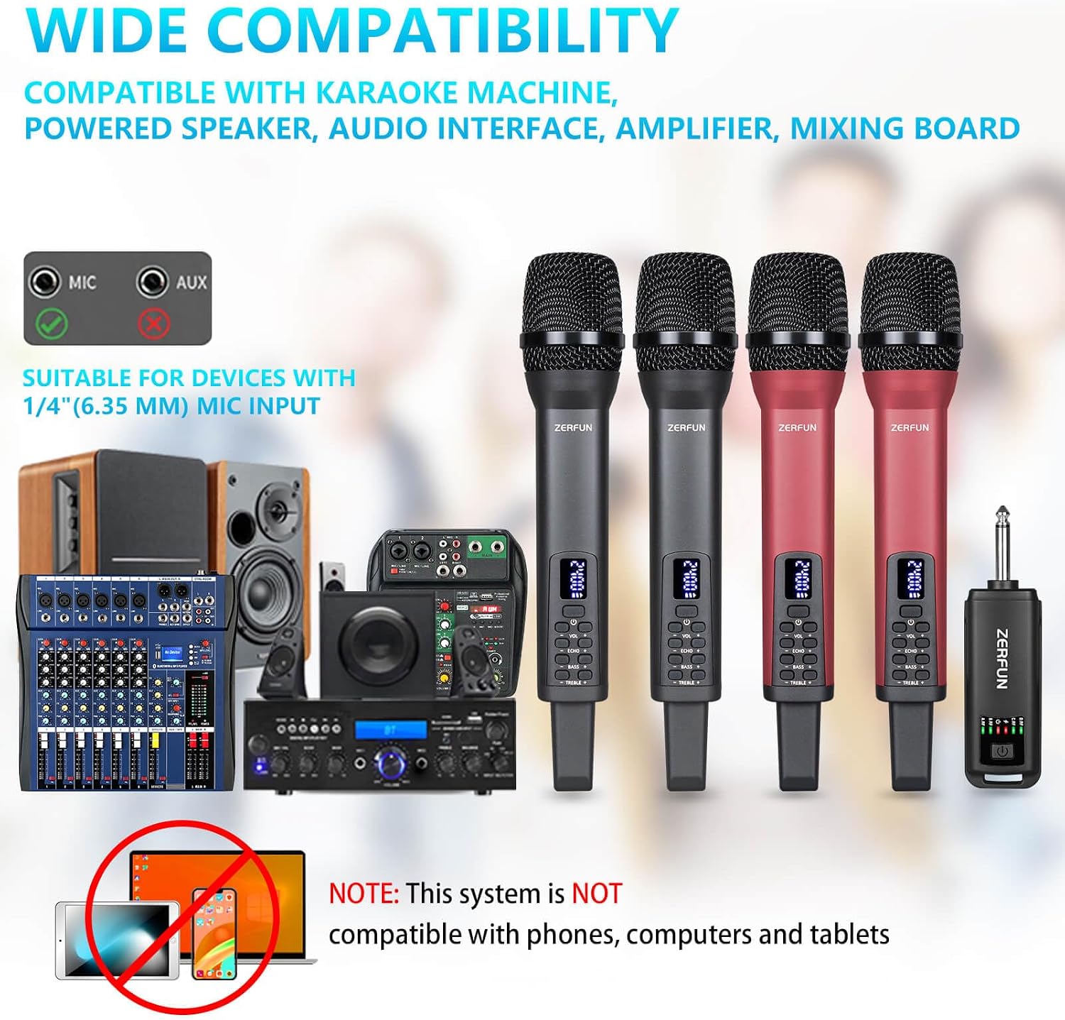 Thumbnail 1 de ZERFUN D240 4-Pack Rechargeable Wireless Microphone System, Gray & Red, 2.4 GHz