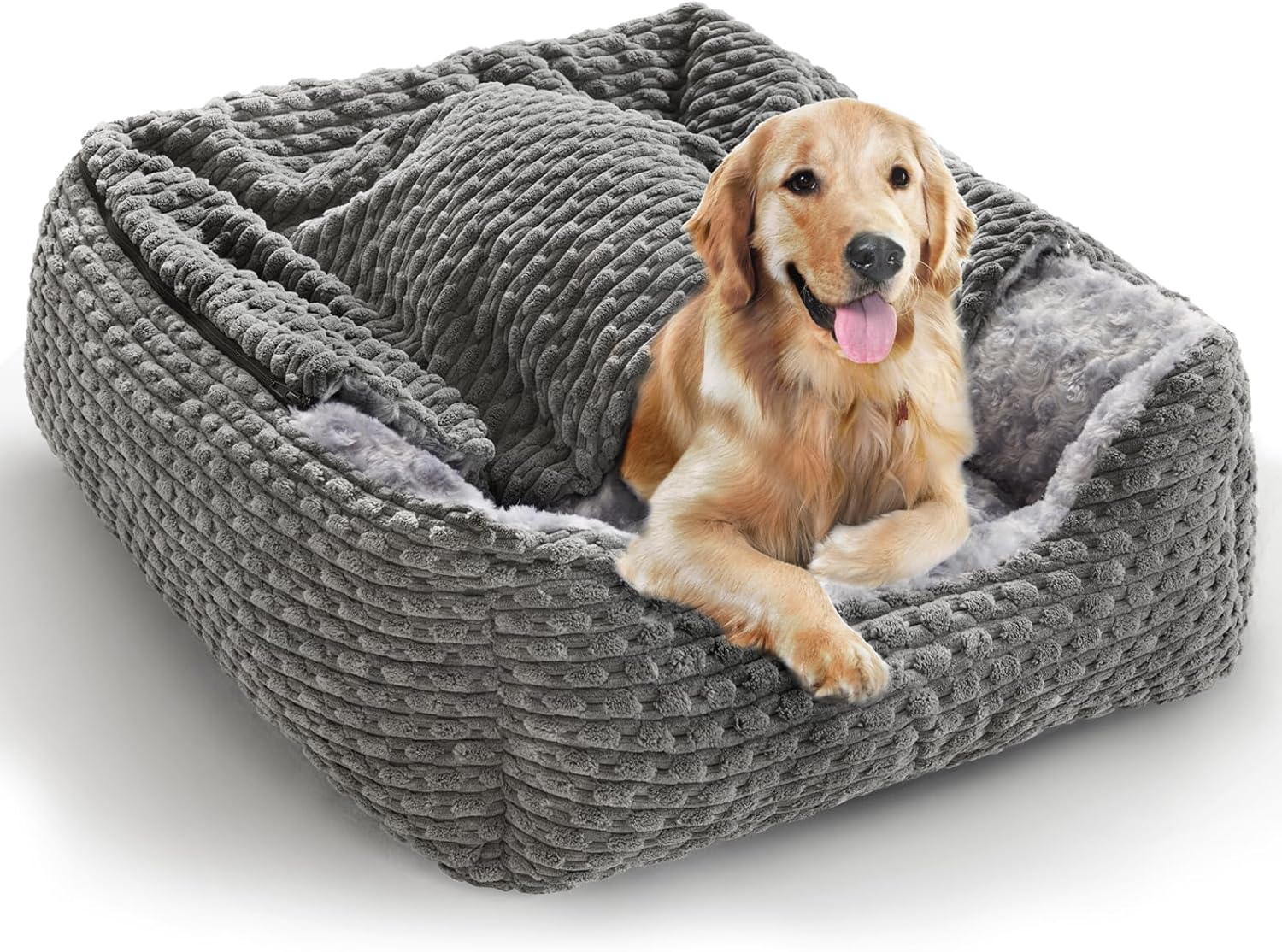 Detalle de Heymamba Extra Large Rectangle Hooded Dog Cave Bed (Grey) 90x65x23cm
