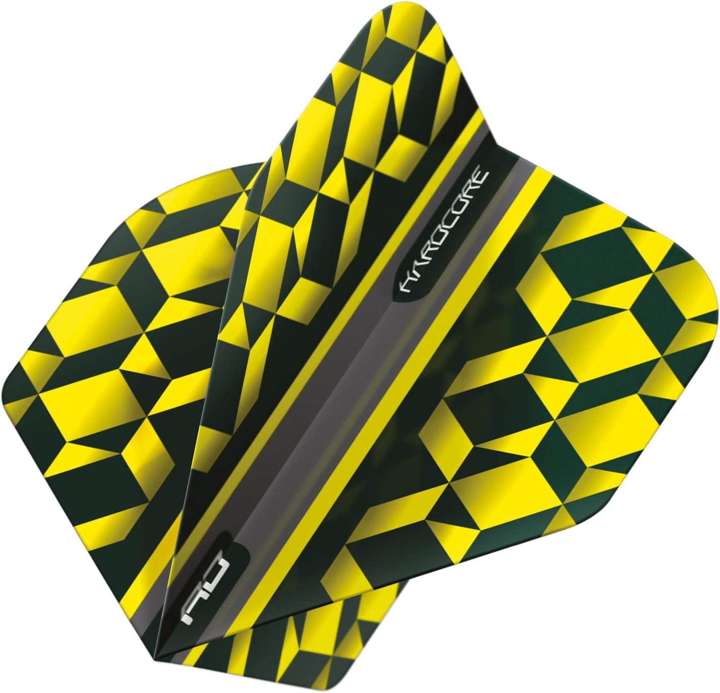 Detalle de RED DRAGON Hardcore Radical Dart Flights – 12 × 100µm Standard Shape Flights in Yellow & Black Geometric