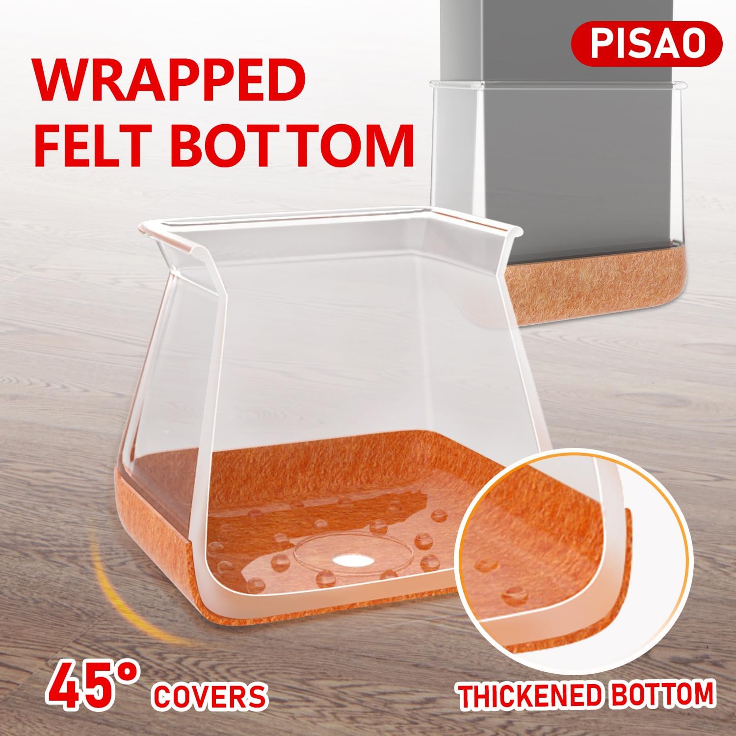 Detalle 2 de PISAO P-02 Chair Leg Protectors, Clear Silicone Caps with Wrapped Felt Bottom