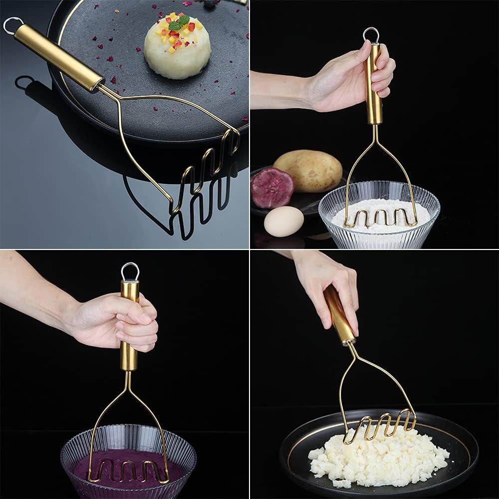 Detalle 2 de HOMQUEN gouden aardappelstamper van roestvrij staal, 9,6 inch