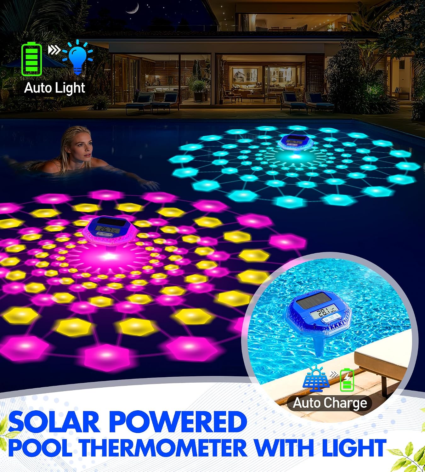 Detalle de LuxBlue Termómetro Piscina Flotante con Espectáculo de Luz y Carga Solar