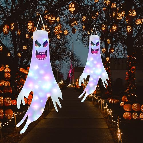 Detalle de Qedertek Halloween Deko Outdoor – 2 Stück 120 cm Geister Windsäcke mit Lichterkette