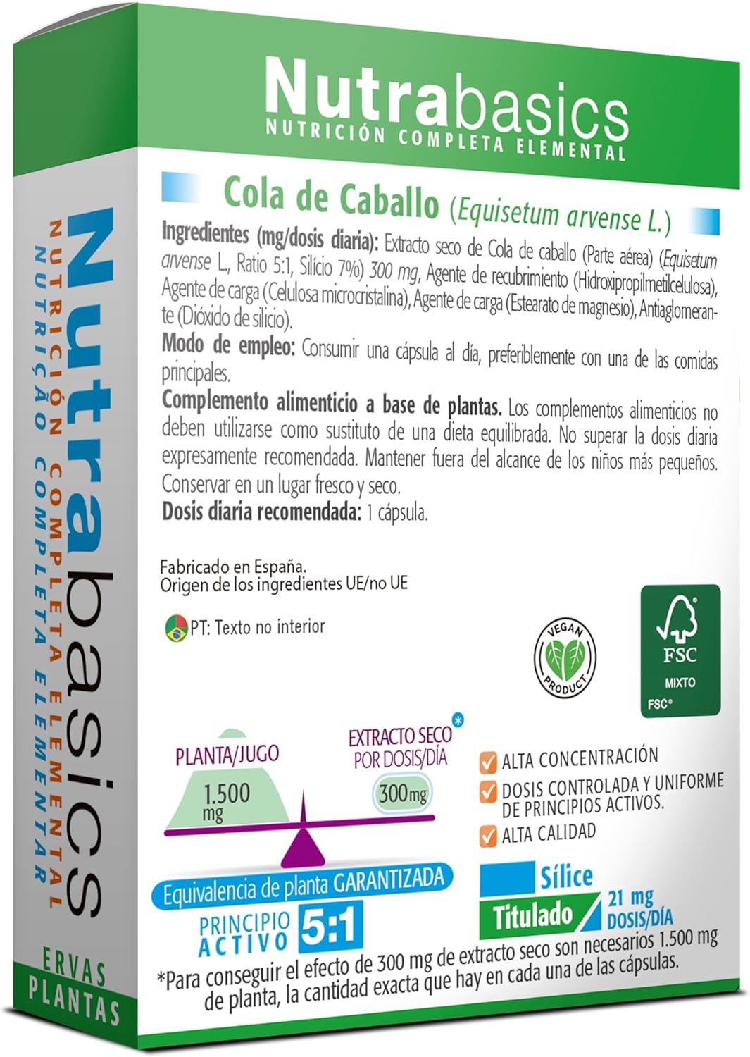 Detalle 2 de Drasanvi NutraBasics Cola de Caballo 🌿 Control de líquidos, vegano, 30 cápsulas