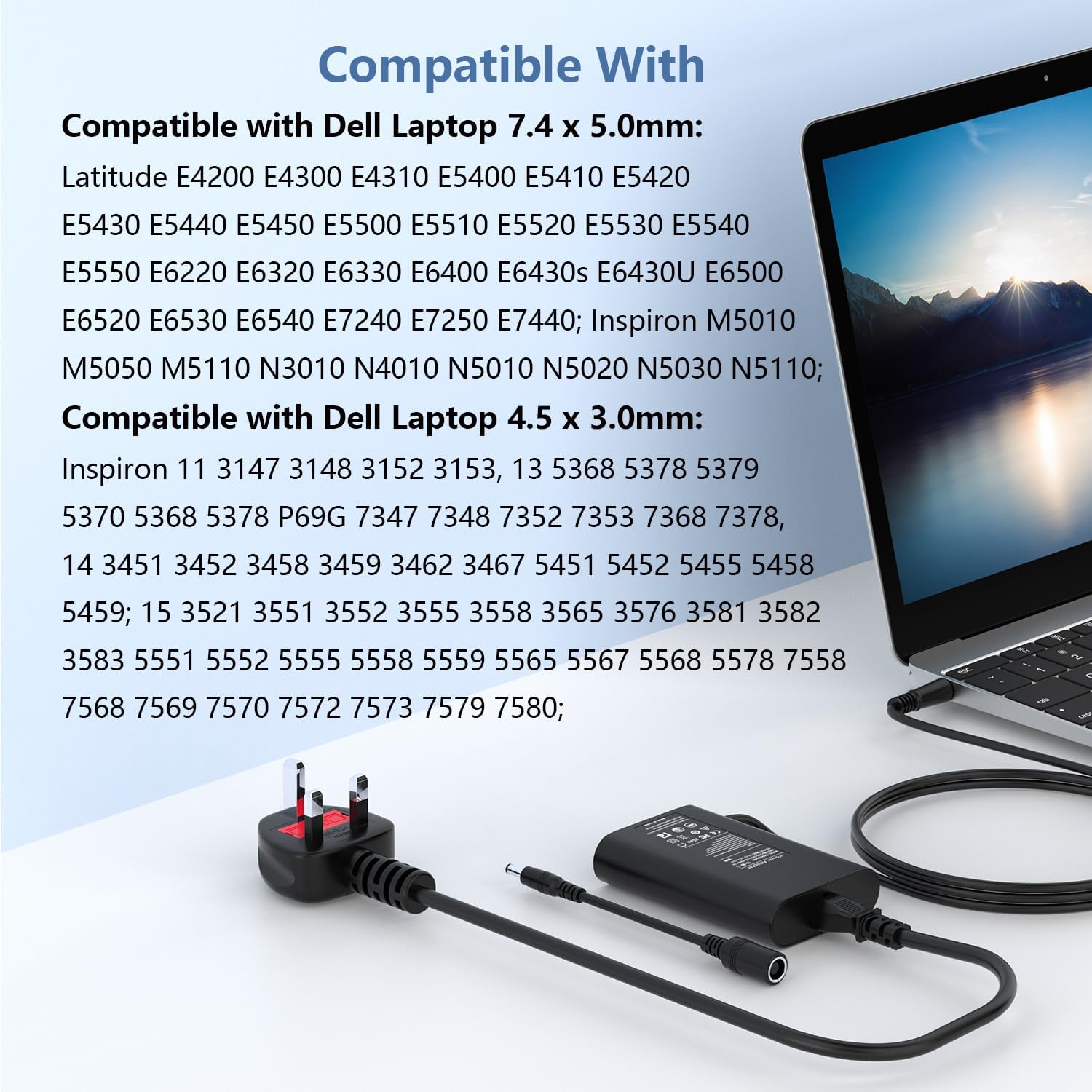 Detalle de 90W Dell laptop charger adapter (compatible with selected Dell Latitude, Vostro, XPS, Inspiron and Chromebook models)