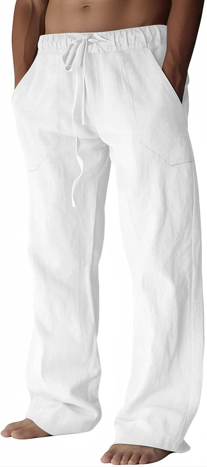 Detalle de Puimentiua Leinenhose Herren – Lang, locker sitzende Sommerhose aus Baumwoll-Leinen-Mischung
