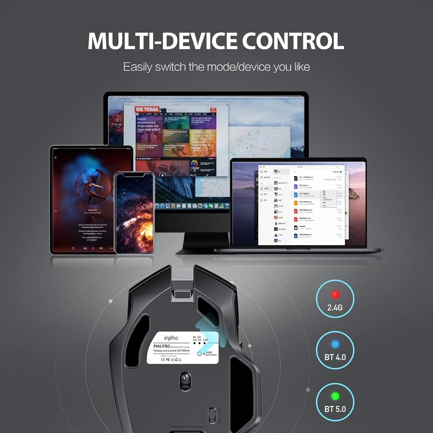 Detalle 2 de INPHIC Bluetooth Mouse 1600 DPI ergonomic portable mouse