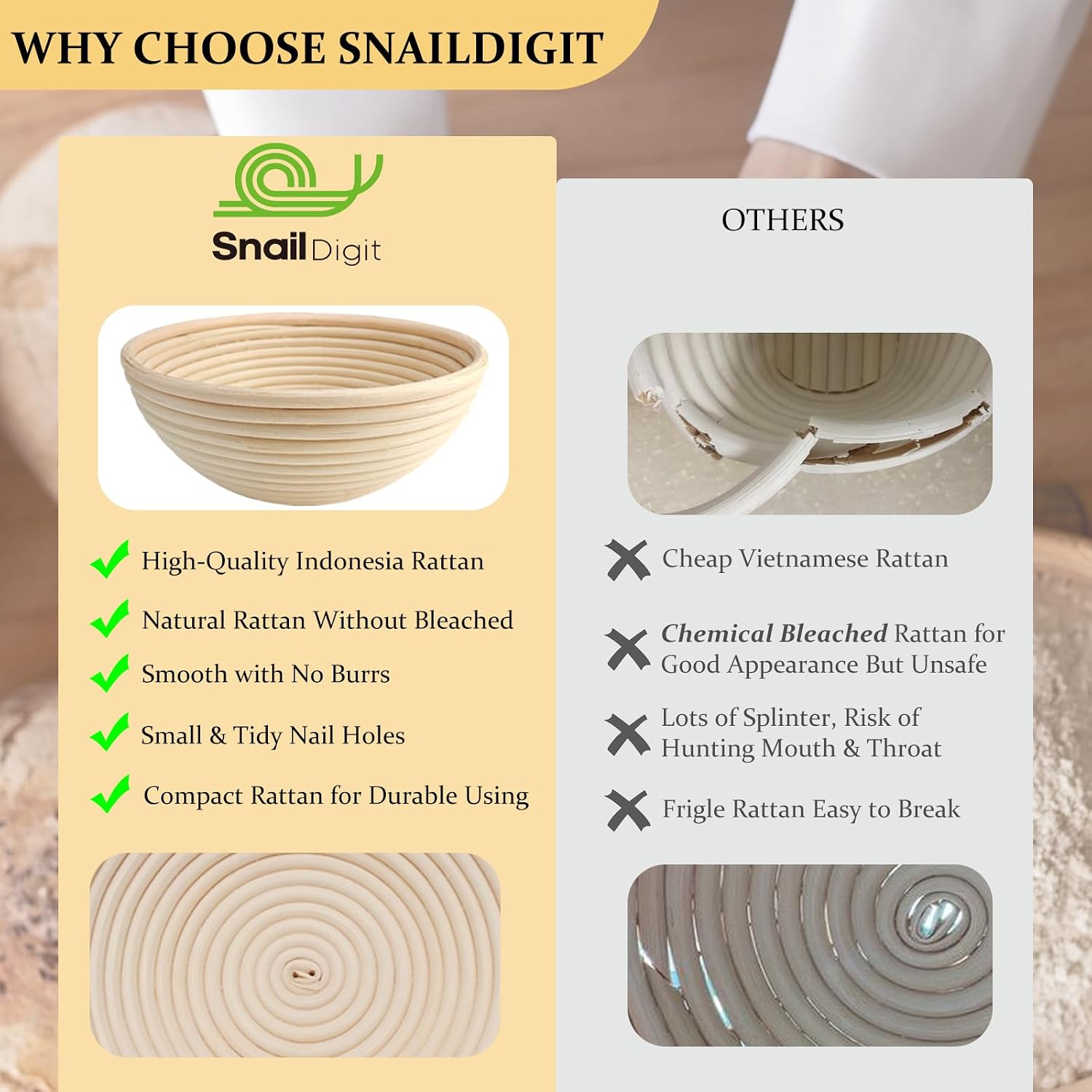 Detalle 2 de SNAILDIGIT Banneton 9 Inch Proofing Basket