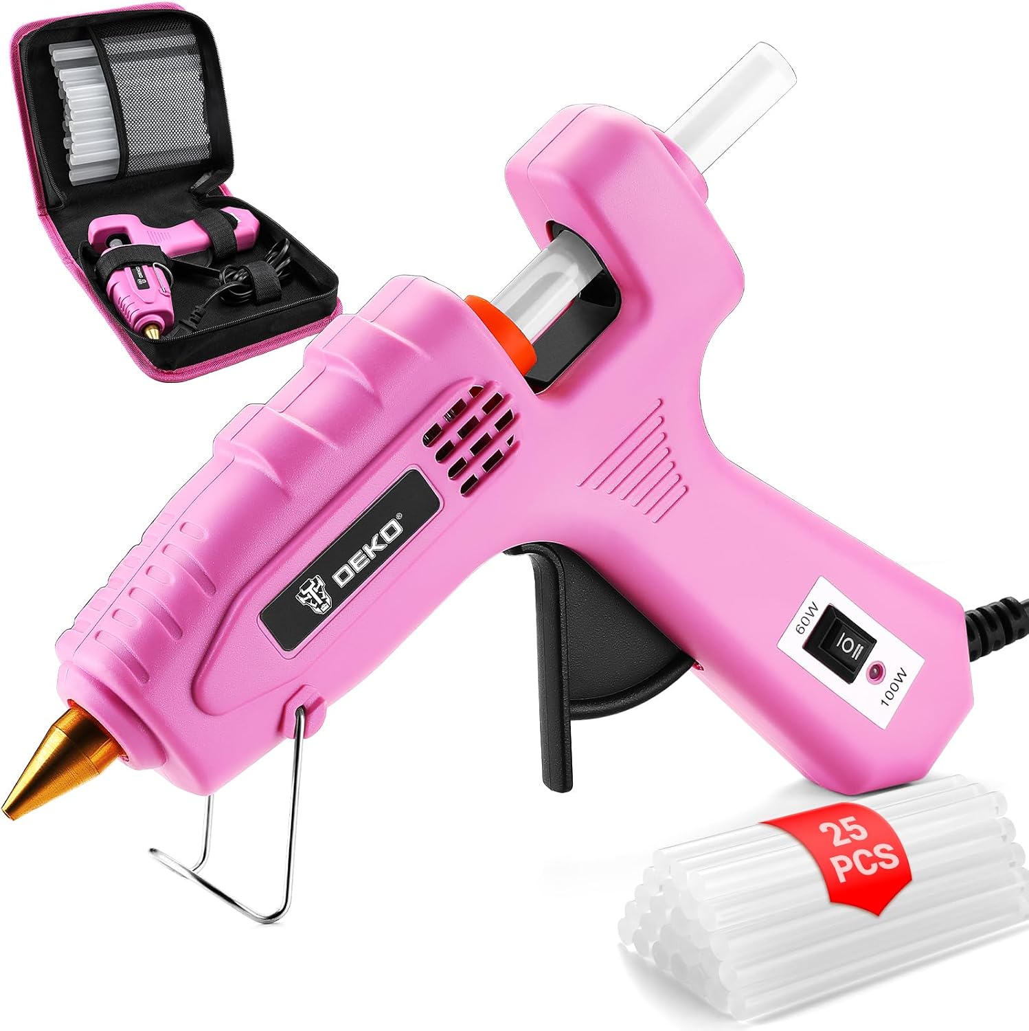 DEKO Pistola Colla a Caldo 60/100 W Doppia Temperatura con 25 Bastoncini – Per Fai da Te, Scuola e Imballaggi