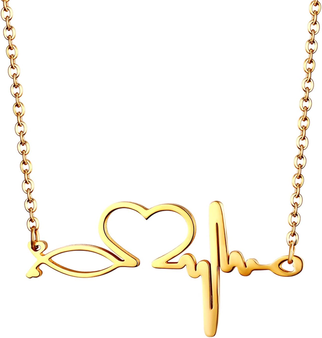 Detalle de JewelryWe Edelstahl Herzschlag Anhänger mit 50 cm Kette – EKG Rhythmus, Stethoskop-Charme, Damen