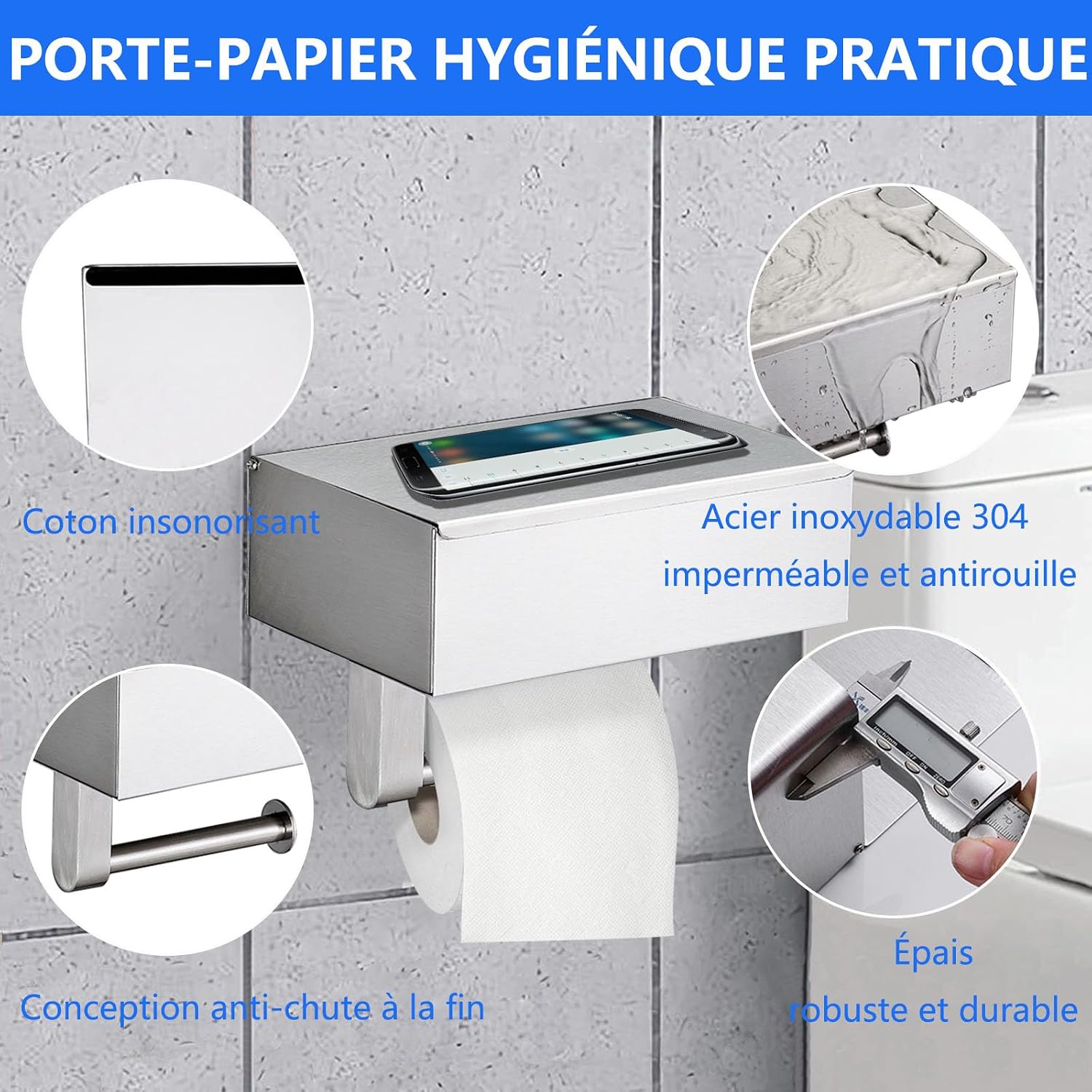 Detalle de Porte-Papier Toilette mural GUIGUZI avec étagères et boîte à lingettes – Argent