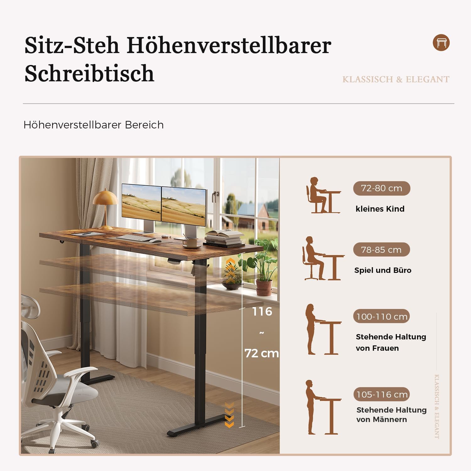 Thumbnail 2 de Klicelor Höhenverstellbarer Schreibtisch – Elektrischer Steh-Sitz Bürotisch, 120 × 60 cm, Braun