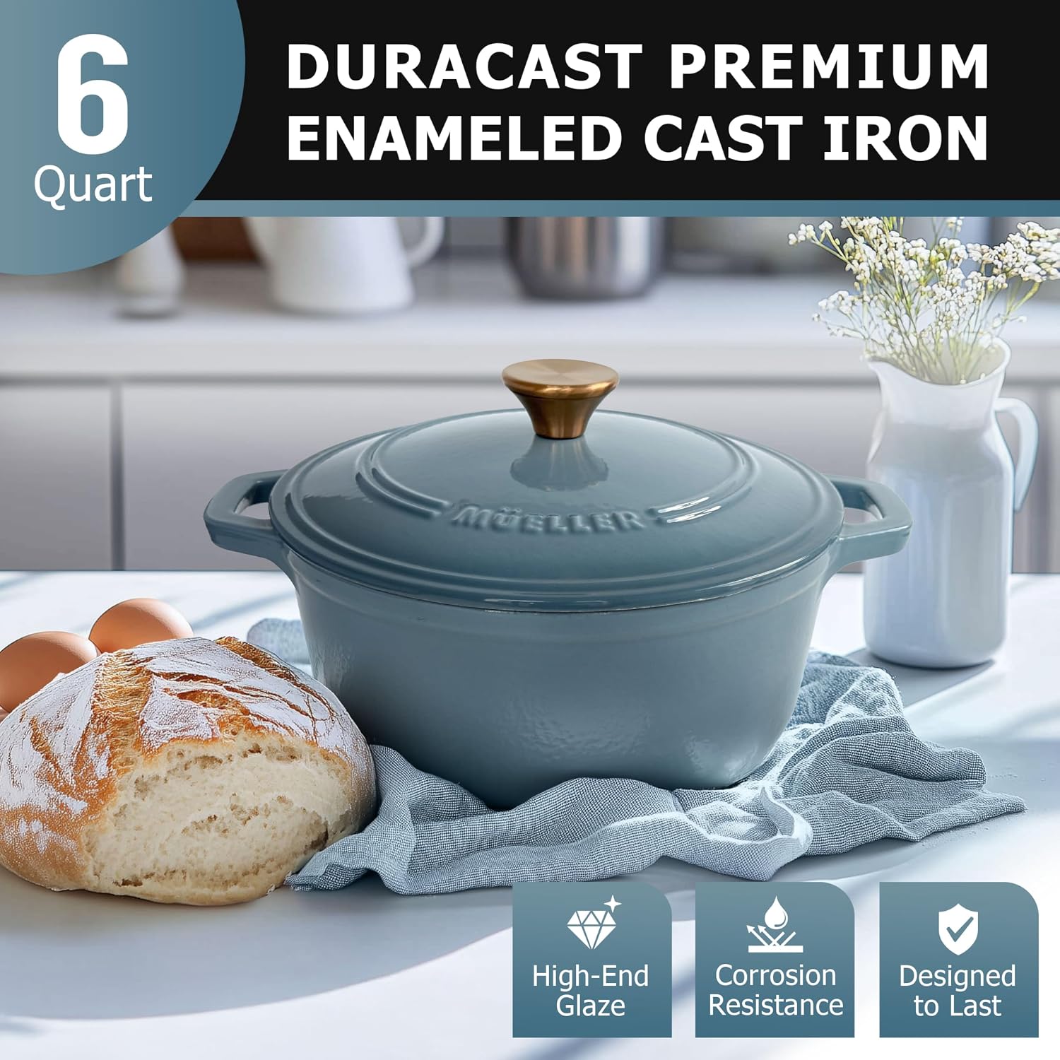 Thumbnail 1 de MUELLER HOME 6 Quart Enameled Cast Iron Dutch Oven with Lid – Mineral Blue