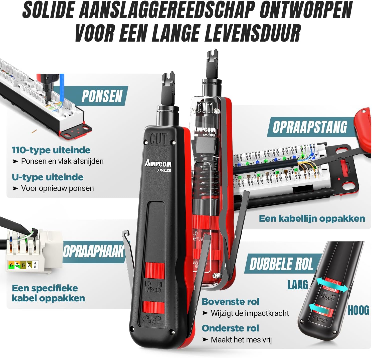 Detalle de AMPCOM 568R Heavy Duty Ethernet-krimpset 7-in-1 voor RJ45, RJ11 en Cat6