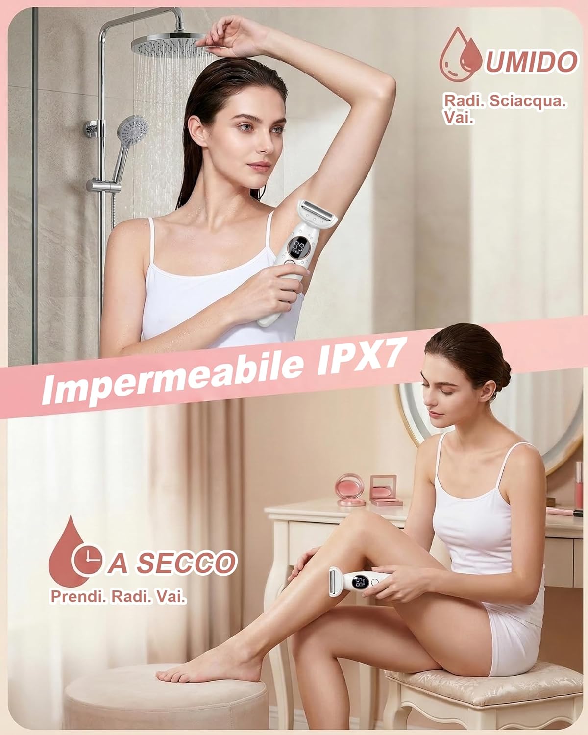 Detalle de Carehabi Rasoio Elettrico Donna 5 in 1 e Rasoio Parti Intime – Wet & Dry, IPX7, USB